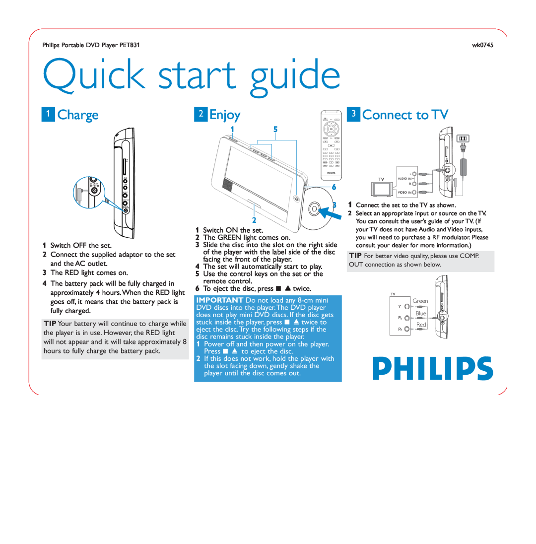Philips PET831/12, wk0745 quick start Quick start guide, Charge, Enjoy, Connect to TV 