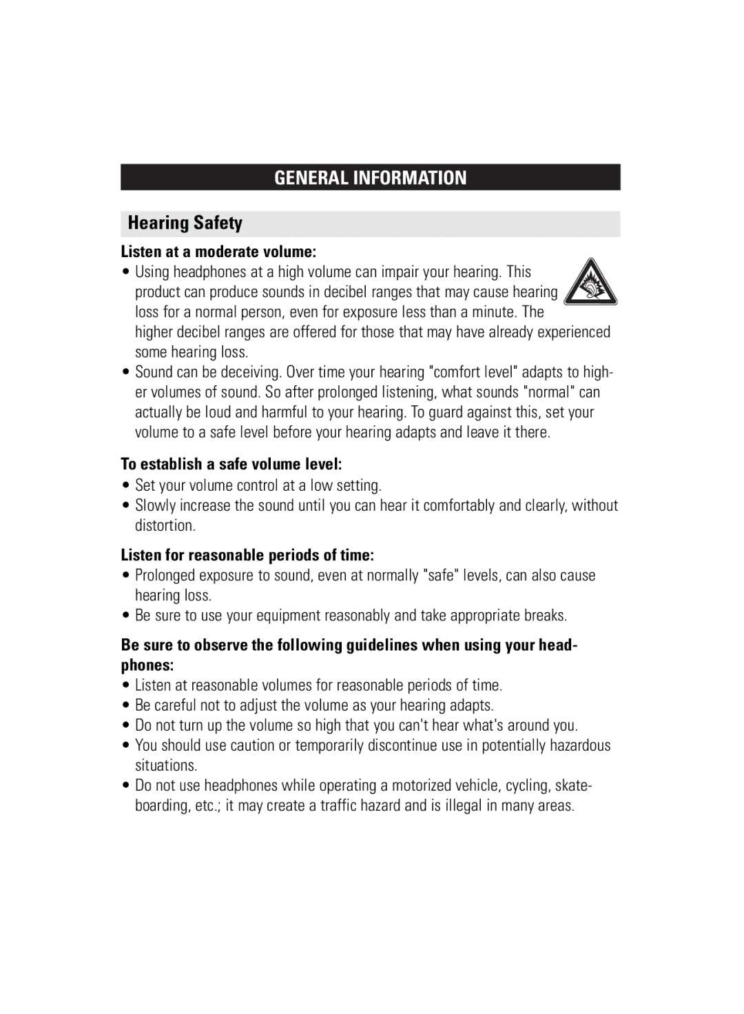 Philips WK0831 user manual Hearing Safety, Listen at a moderate volume, To establish a safe volume level 