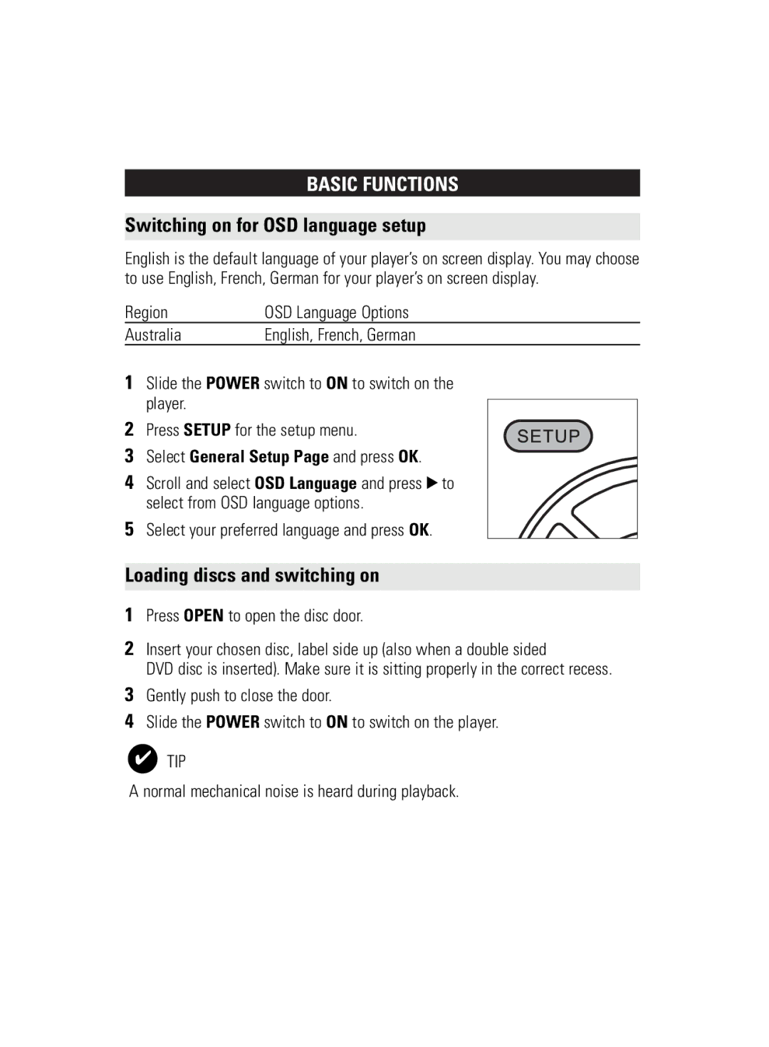 Philips WK0831 user manual Basic Functions, Switching on for OSD language setup, Loading discs and switching on 