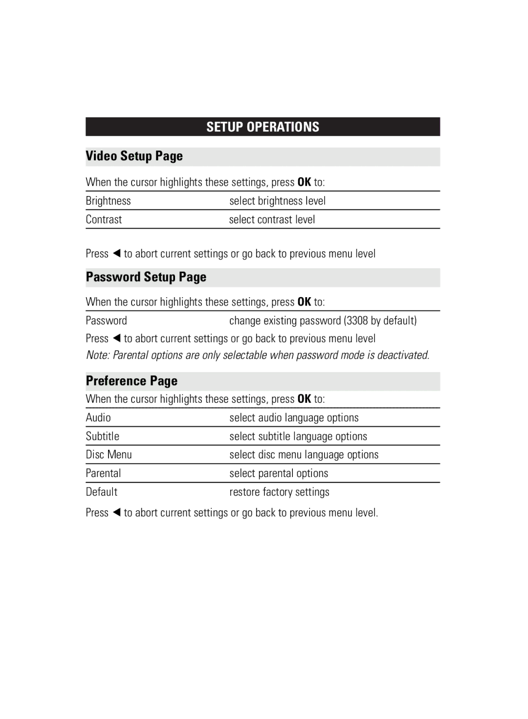 Philips WK0831 user manual Video Setup, Password Setup, Preference 