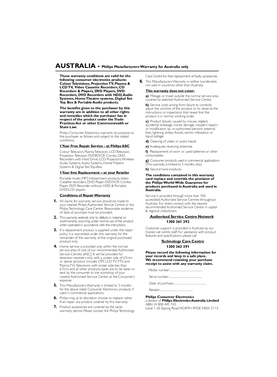 Philips WK0831 user manual Australia Philips Manufacturers Warranty for Australia only 