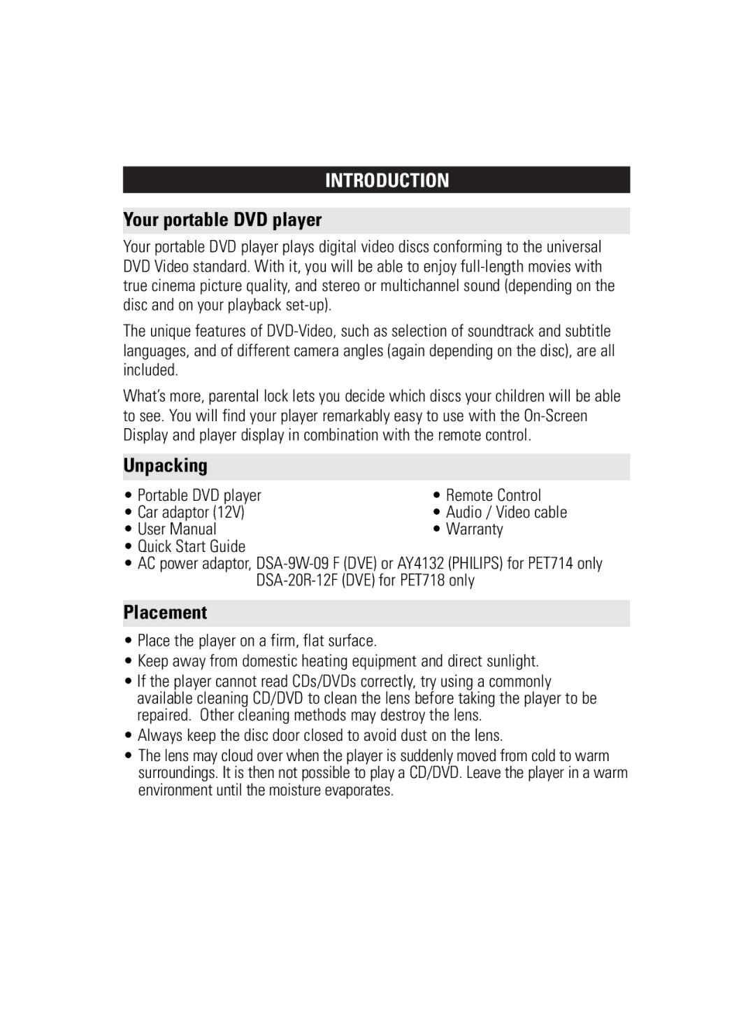 Philips WK0831 user manual Introduction, Your portable DVD player, Unpacking, Placement 