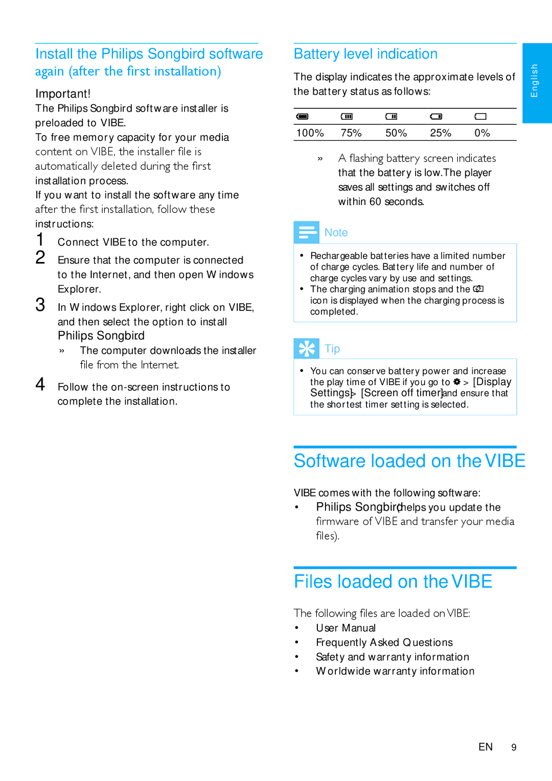 Philips wk10295 user manual Software loaded on the Vibe, Files loaded on the Vibe, Battery level indication, 50% 