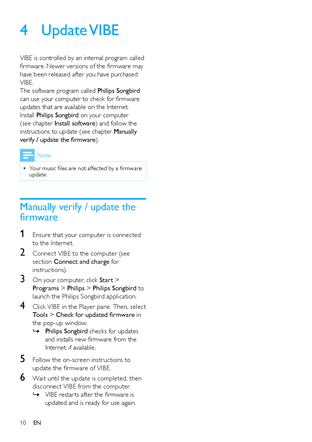 Philips wk10295 user manual Update Vibe, Manually verify / update the firmware, Updated and is ready for use again 