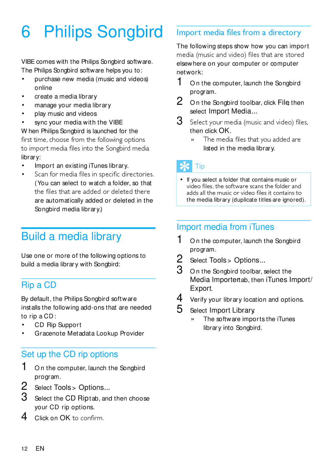 Philips wk10295 user manual Philips Songbird, Build a media library 