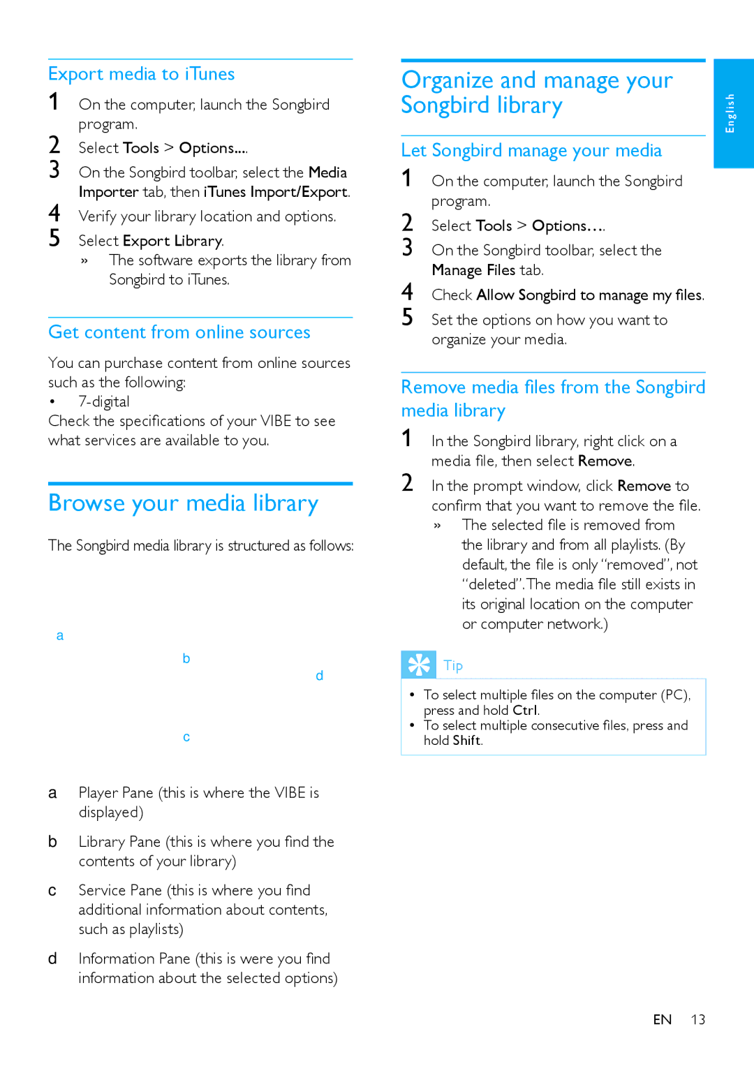 Philips wk10295 user manual Browse your media library, Organize and manage your Songbird library 