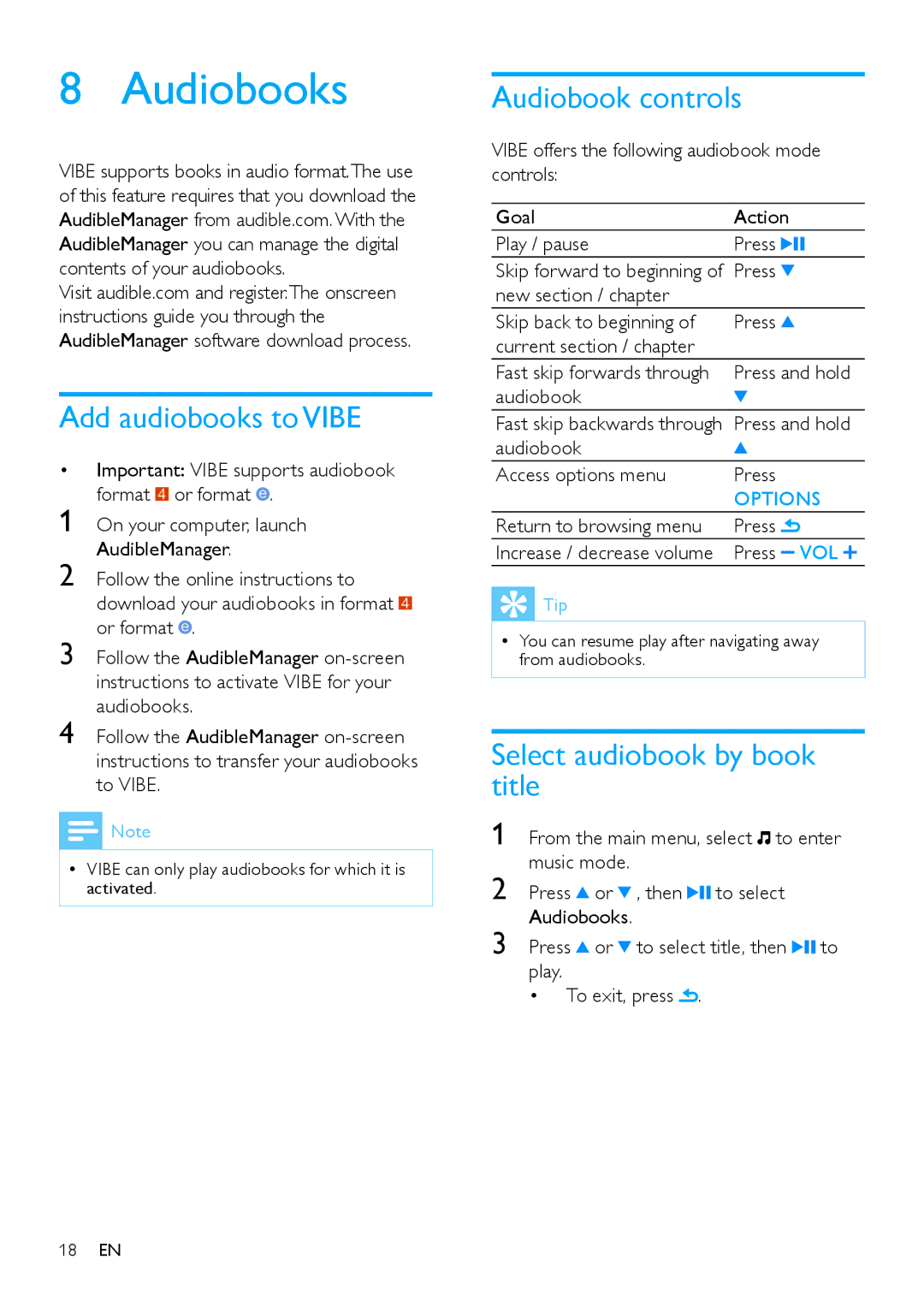 Philips wk10295 user manual Audiobooks, Add audiobooks to Vibe, Audiobook controls, Select audiobook by book title 