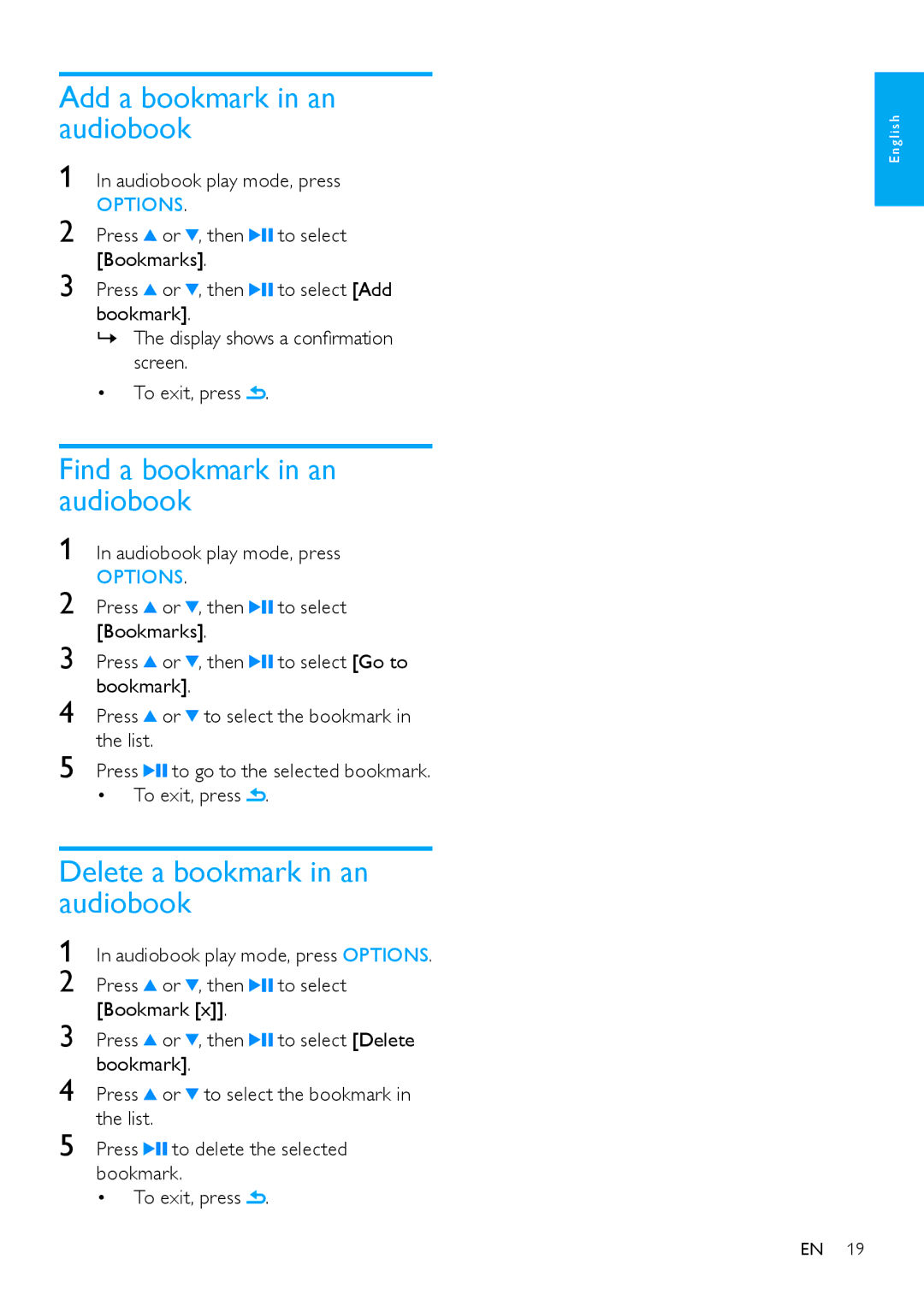 Philips wk10295 user manual Add a bookmark in an audiobook, Find a bookmark in an audiobook, Delete a bookmark in an 