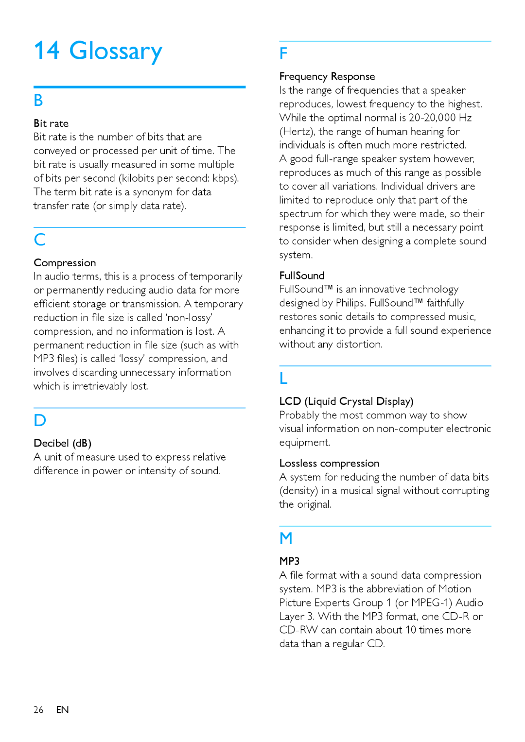 Philips wk10295 user manual Glossary, Bit rate, Compression, Decibel dB, Frequency Response 