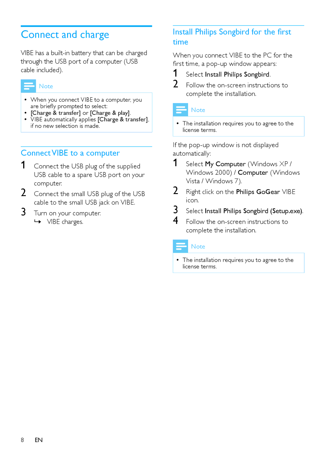 Philips wk10295 user manual Connect and charge, Connect Vibe to a computer, Install Philips Songbird for the first time 