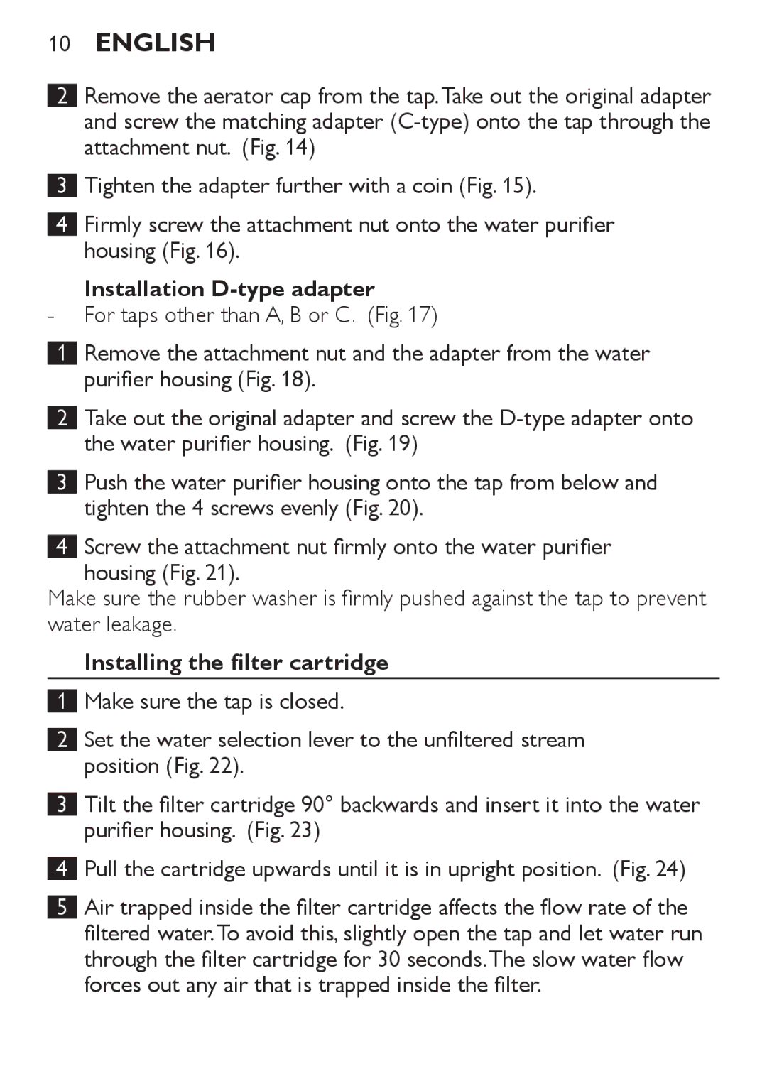 Philips WP3810, WP3811 manual Installation D-type adapter, Installing the filter cartridge 