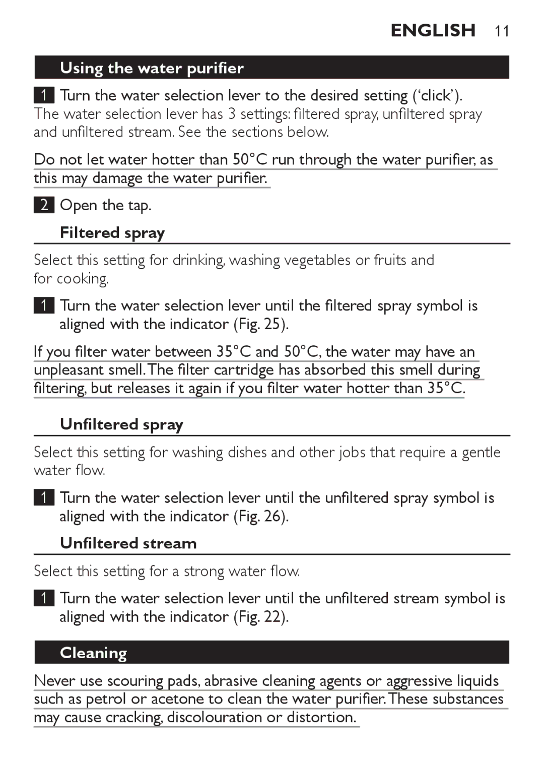 Philips WP3811, WP3810 manual Using the water purifier, Filtered spray, Unfiltered spray, Unfiltered stream, Cleaning 