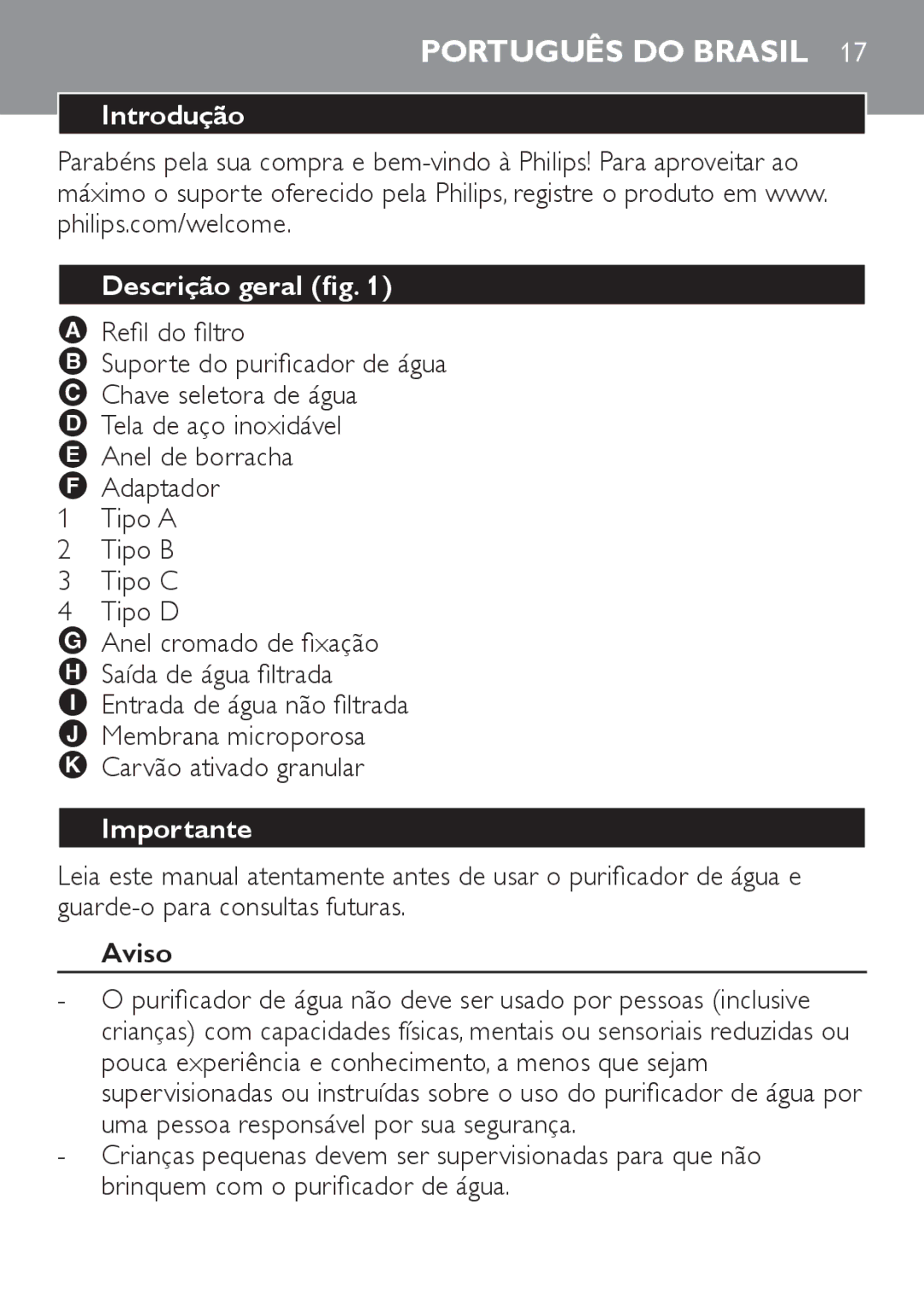 Philips WP3811, WP3810 manual Introdução Descrição geral fig, Importante, Aviso 