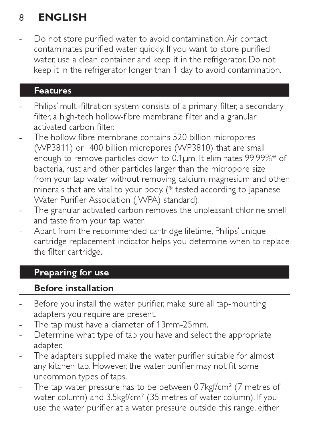 Philips WP3810, WP3811 manual Features, Preparing for use Before installation 