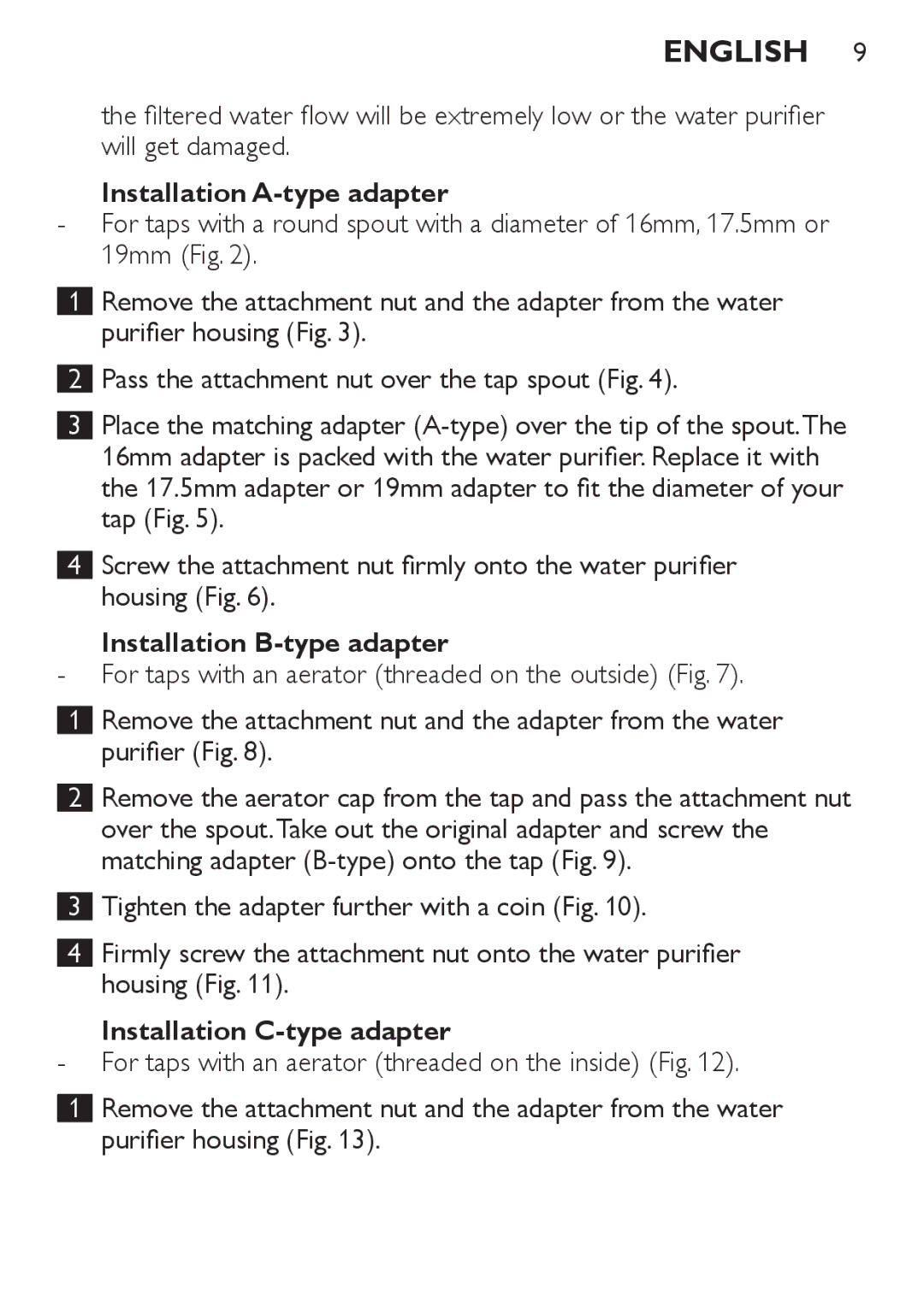 Philips WP3811, WP3810 manual Installation A-type adapter, Installation B-type adapter, Installation C-type adapter 