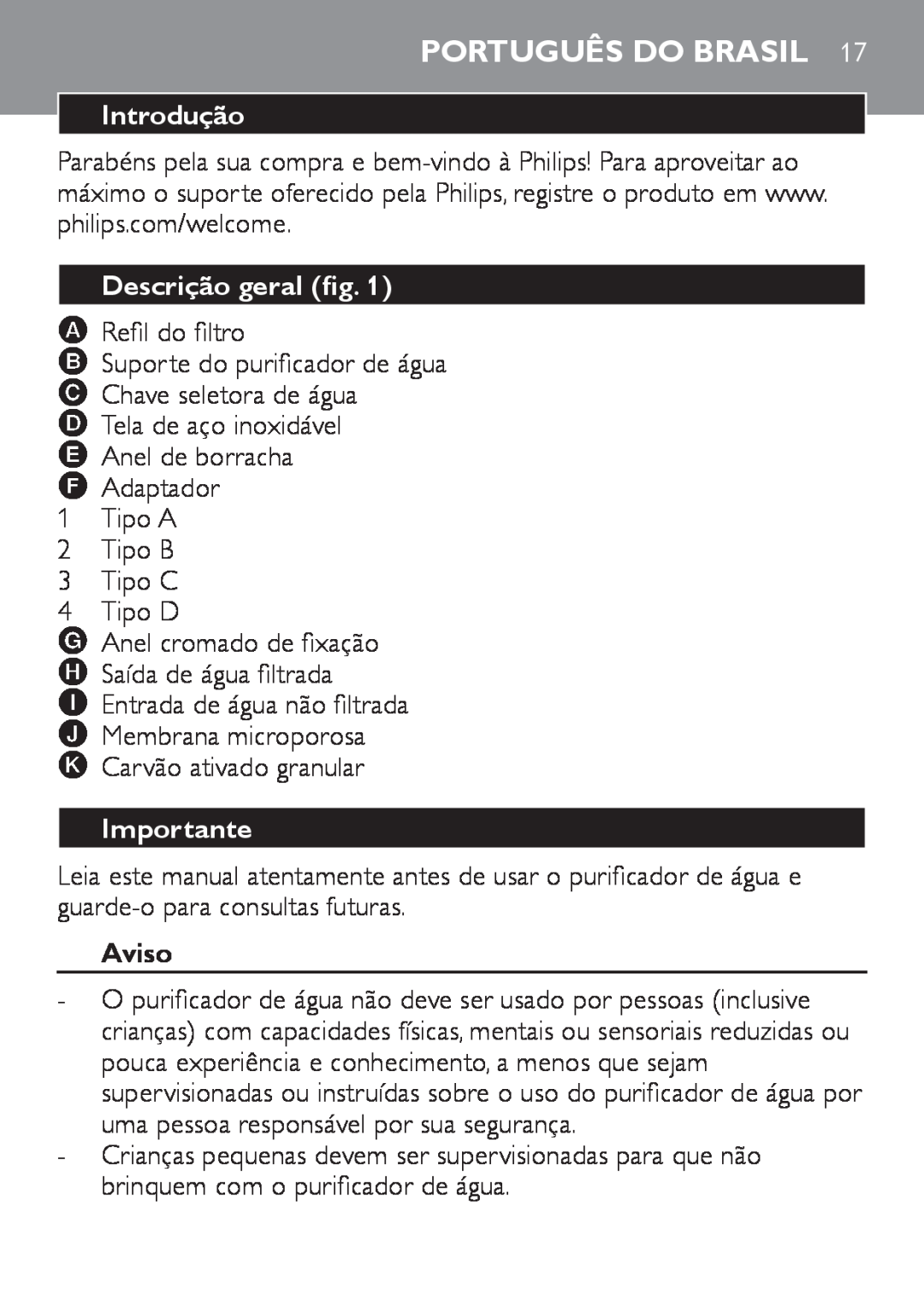 Philips WP3811, WP3810 manual Português do Brasil, Introdução, Descrição geral fig, Importante, Aviso 