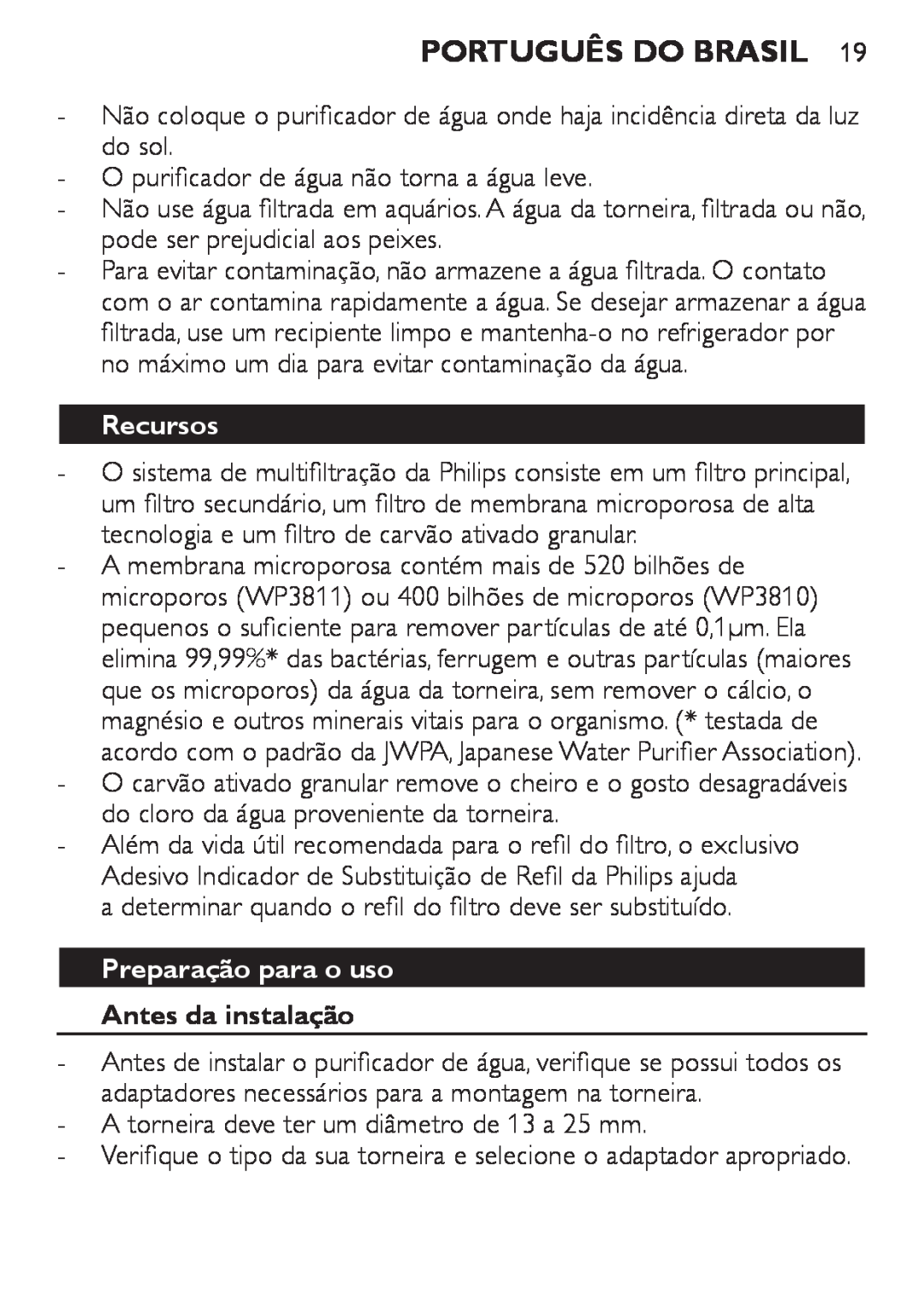 Philips WP3811, WP3810 manual Português do Brasil, Recursos, Preparação para o uso Antes da instalação 
