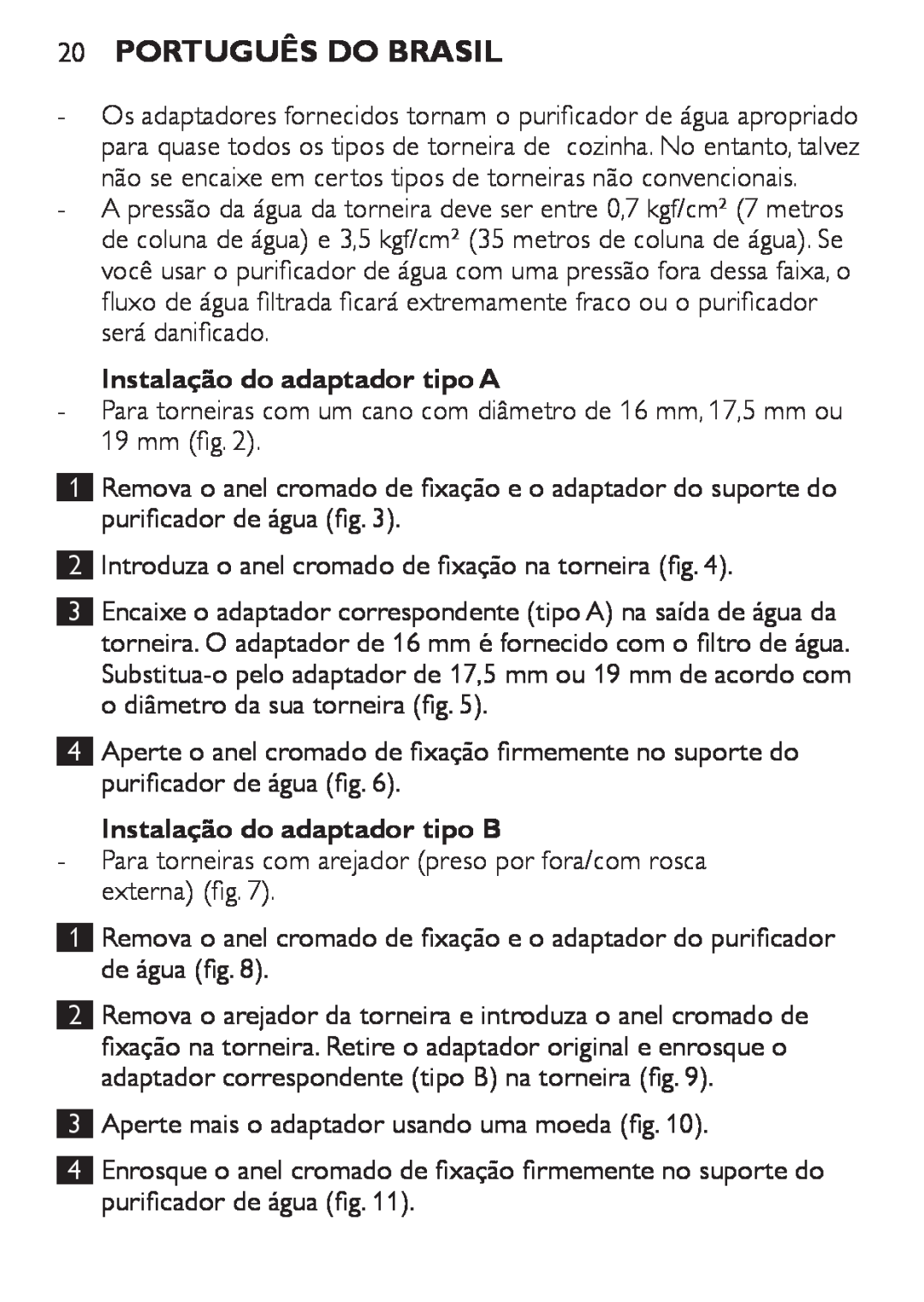 Philips WP3810, WP3811 manual Português do Brasil, Instalação do adaptador tipo A, Instalação do adaptador tipo B 