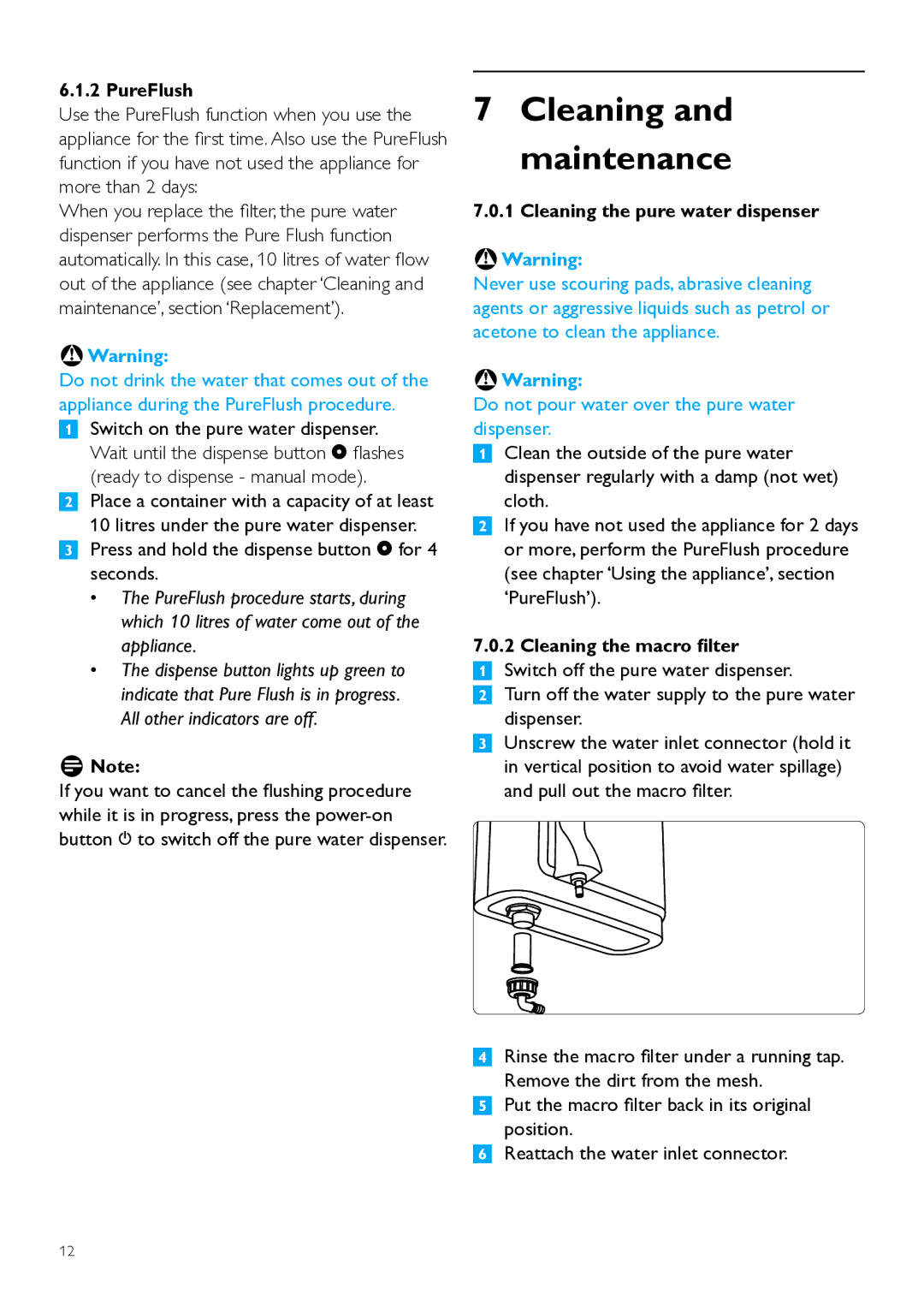 Philips WP3891, WP3890 Cleaning and maintenance, PureFlush, Cleaning the pure water dispenser, Cleaning the macro filter 