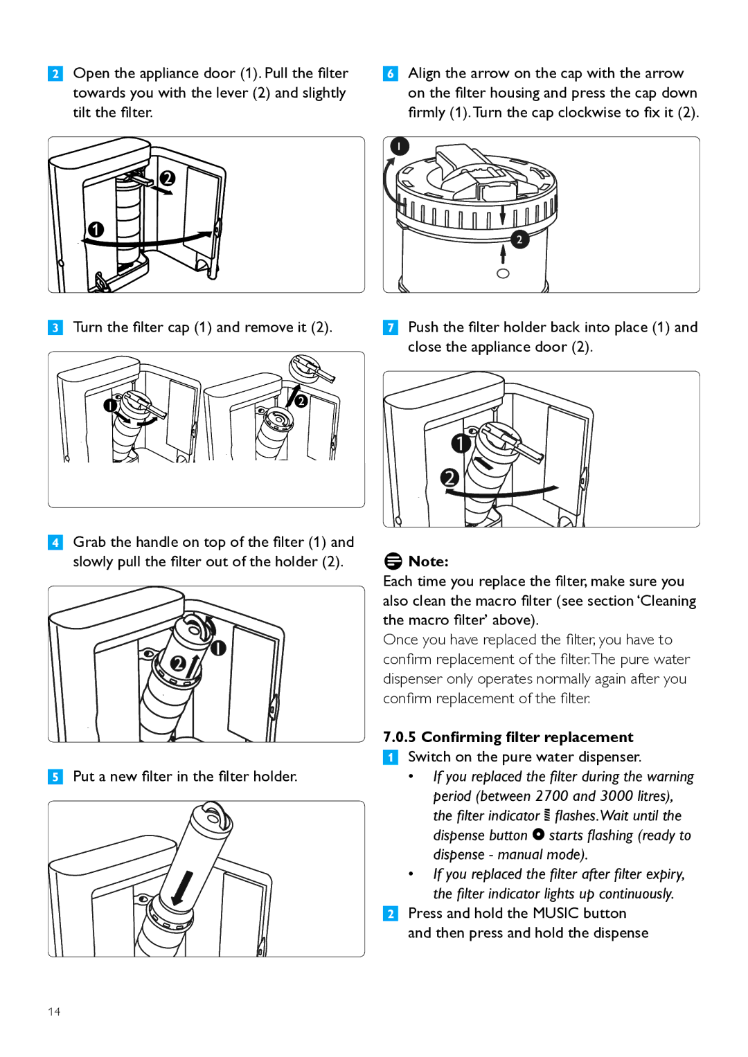 Philips WP3891, WP3890 user manual Switch on the pure water dispenser, Confirming filter replacement 