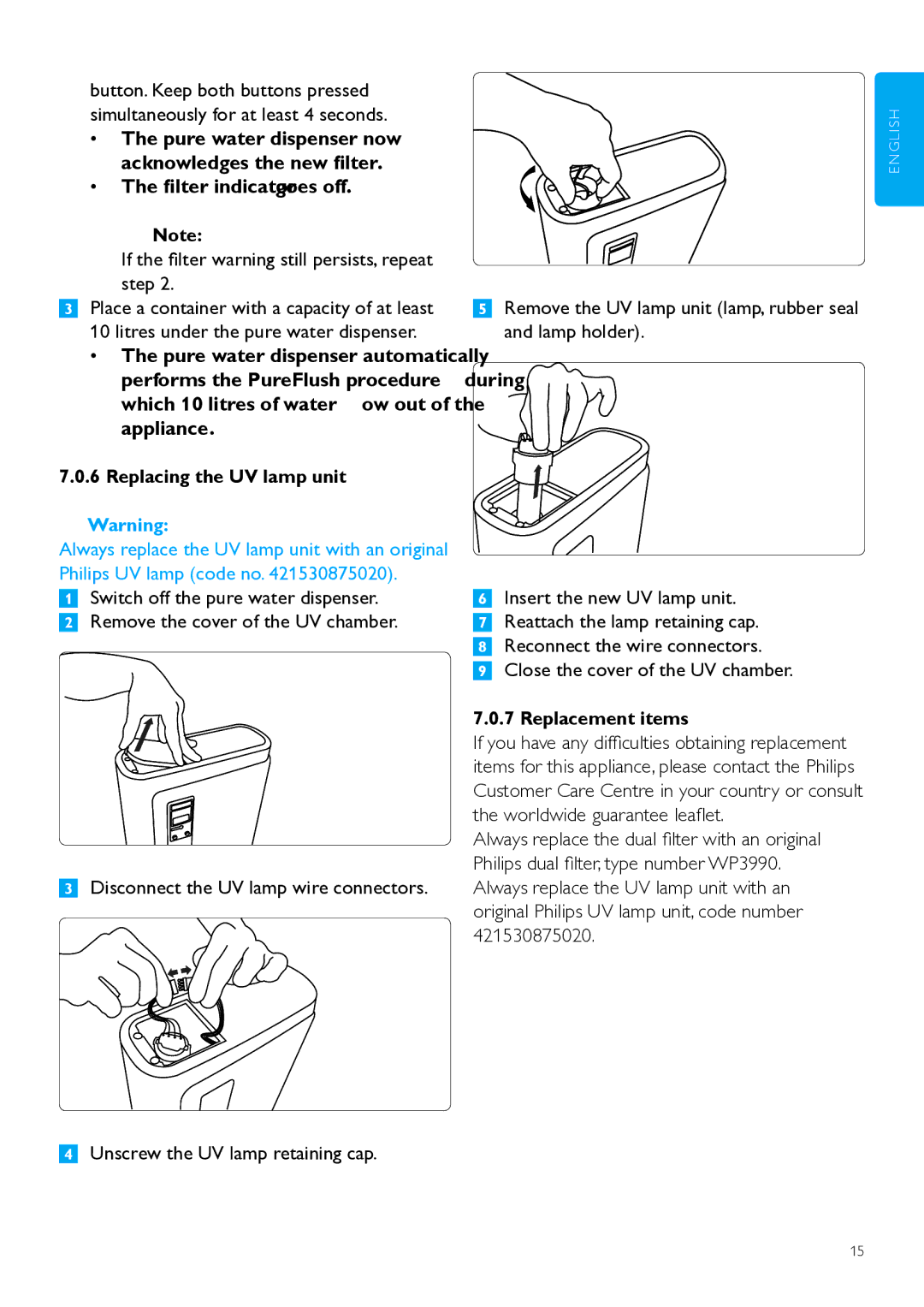 Philips WP3890 If the filter warning still persists, repeat step, Litres under the pure water dispenser, Replacement items 