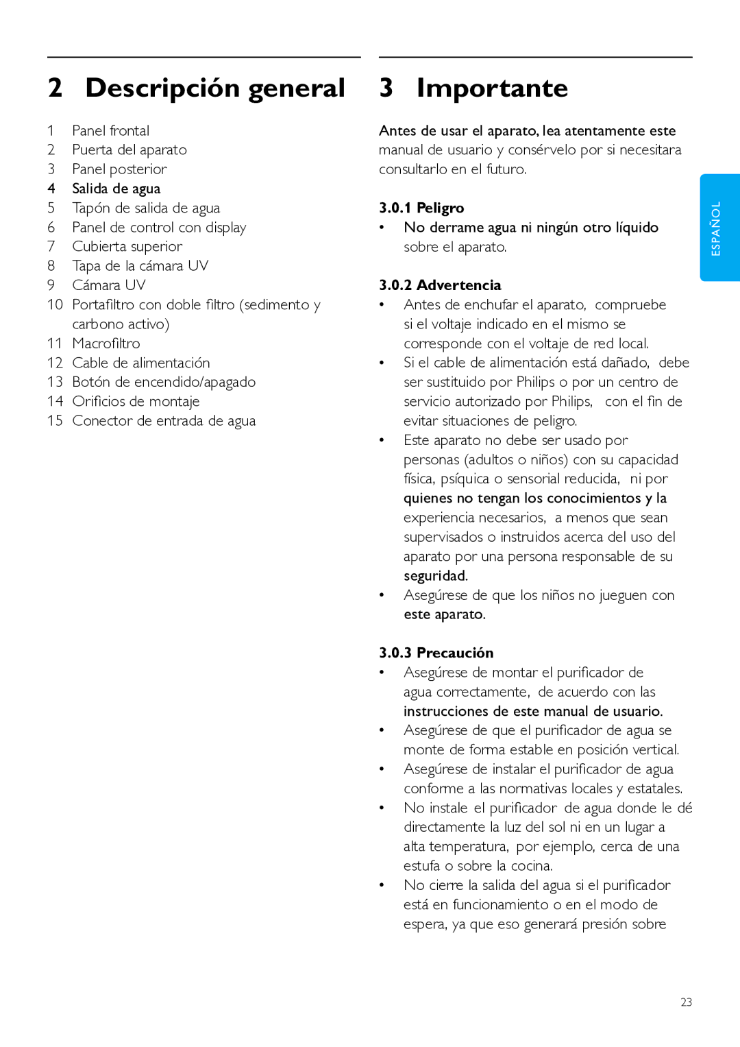 Philips WP3890, WP3891 user manual Descripción general, Importante, No derrame agua ni ningún otro líquido sobre el aparato 