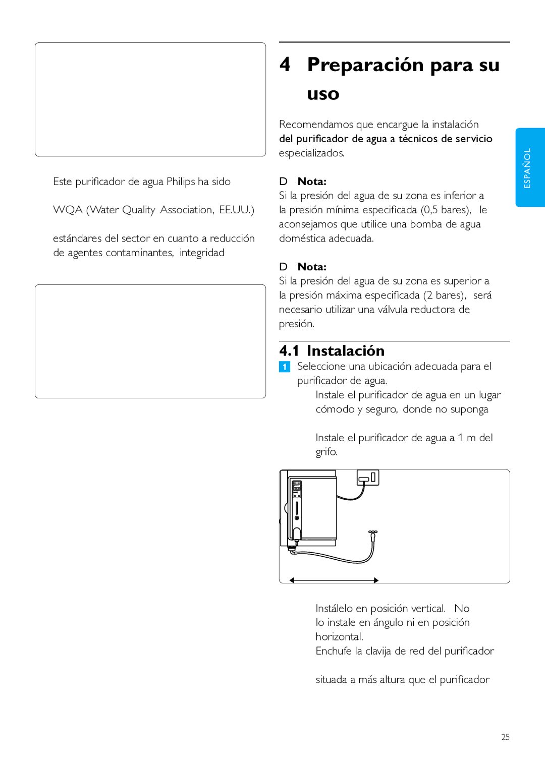 Philips WP3890, WP3891 user manual Preparación para su uso, Instalación, Nota 