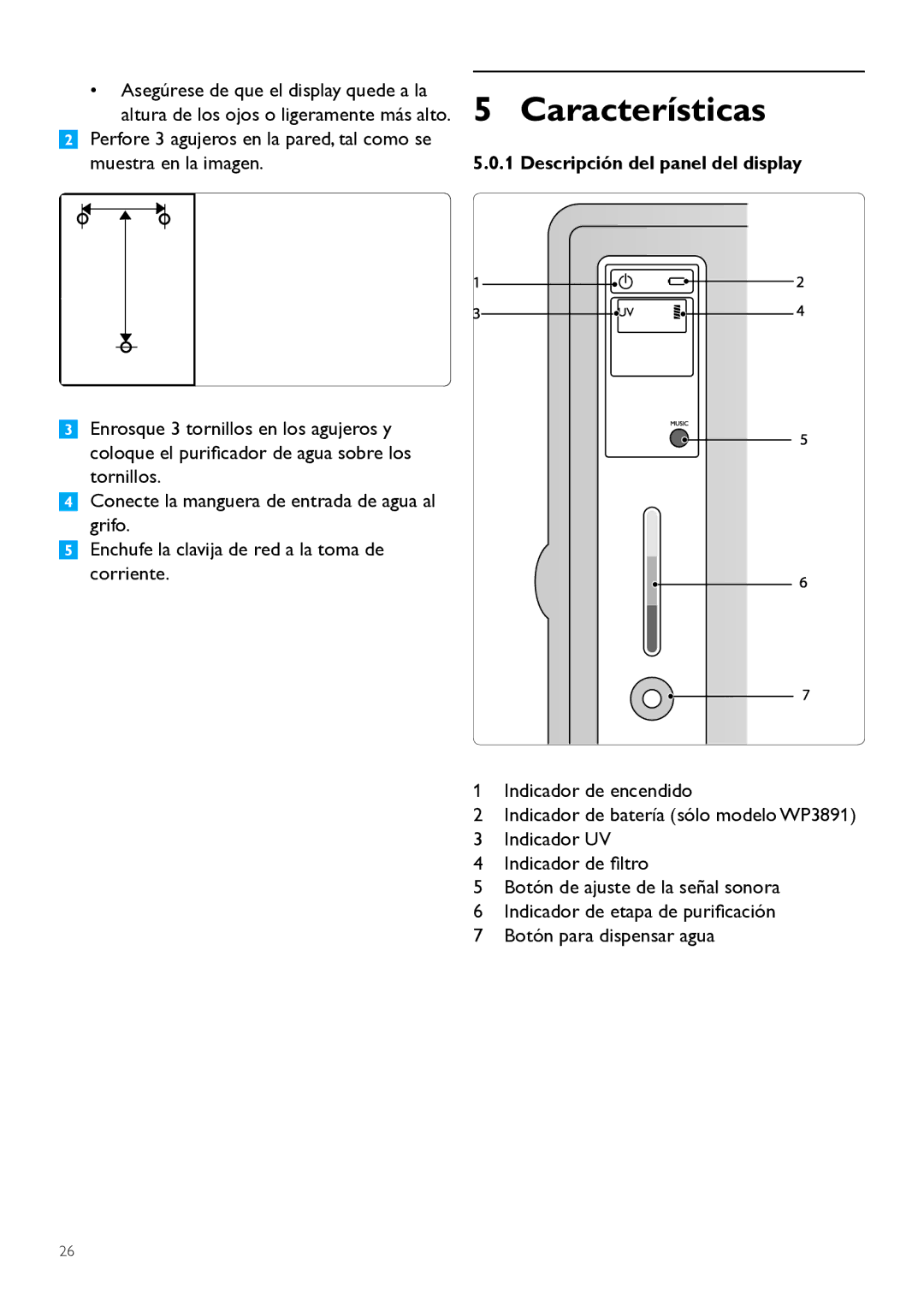 Philips WP3891, WP3890 user manual Características, Descripción del panel del display 