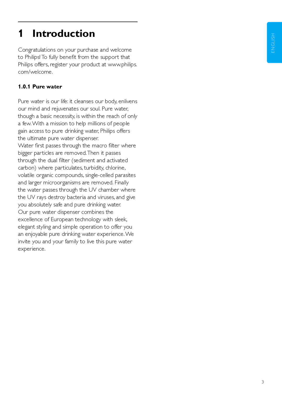 Philips WP3890, WP3891 user manual Introduction, Pure water 