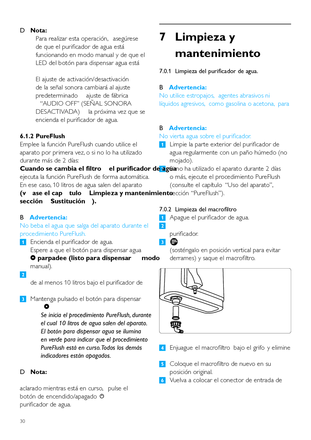 Philips WP3891, WP3890 user manual Limpieza y mantenimiento, Limpieza del purificador de agua, Limpieza del macrofiltro 