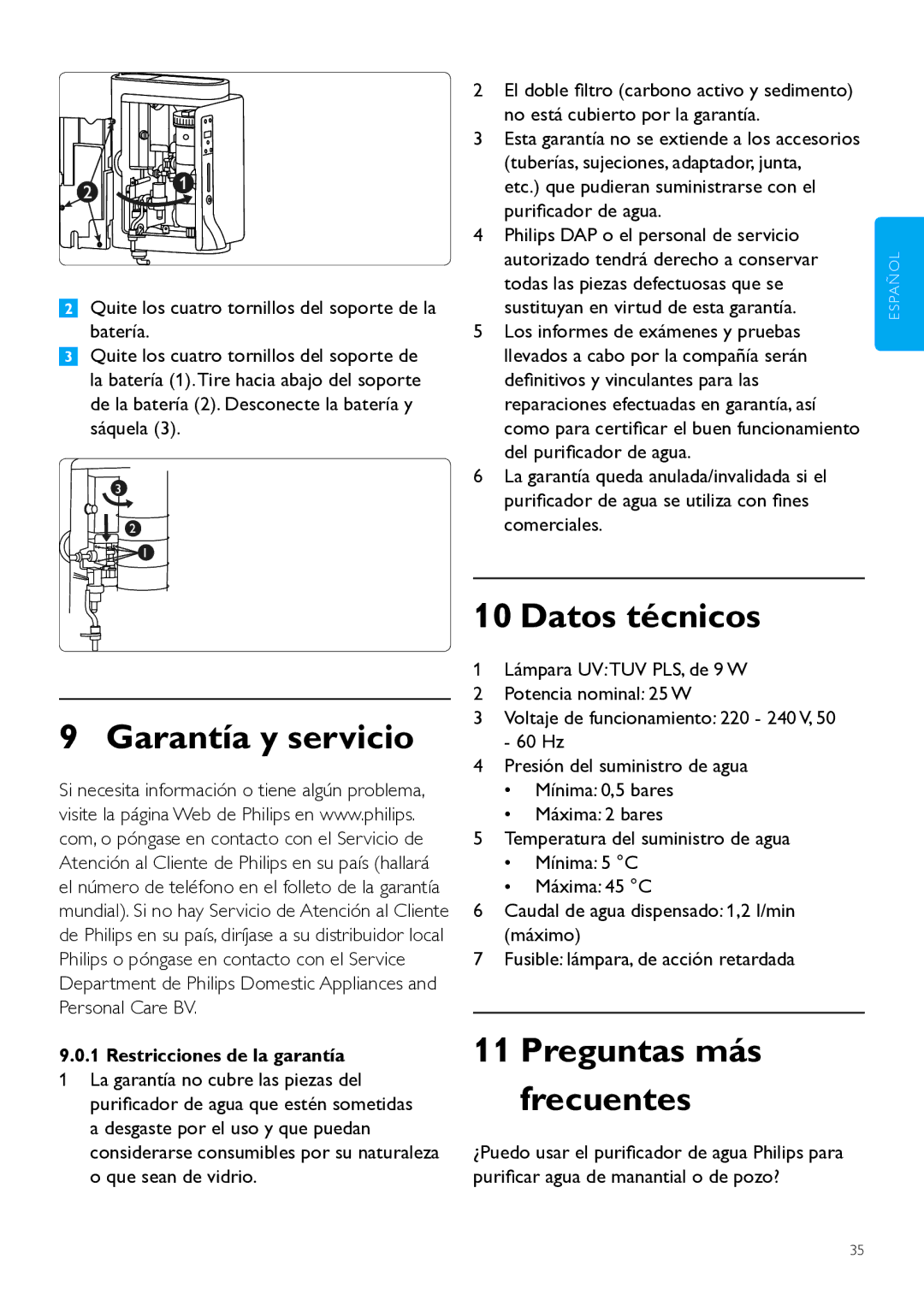 Philips WP3890, WP3891 Garantía y servicio, Datos técnicos, Todas las piezas defectuosas que se, Del purificador de agua 