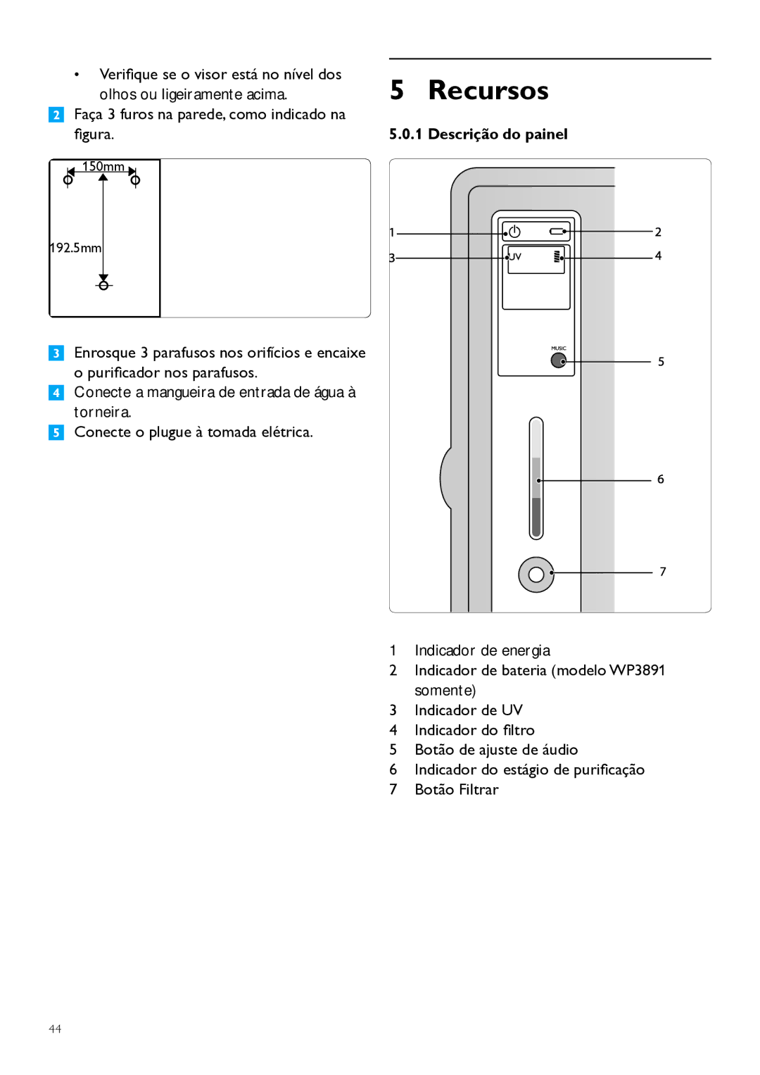 Philips WP3891, WP3890 user manual Recursos, Faça 3 furos na parede, como indicado na figura, Descrição do painel 