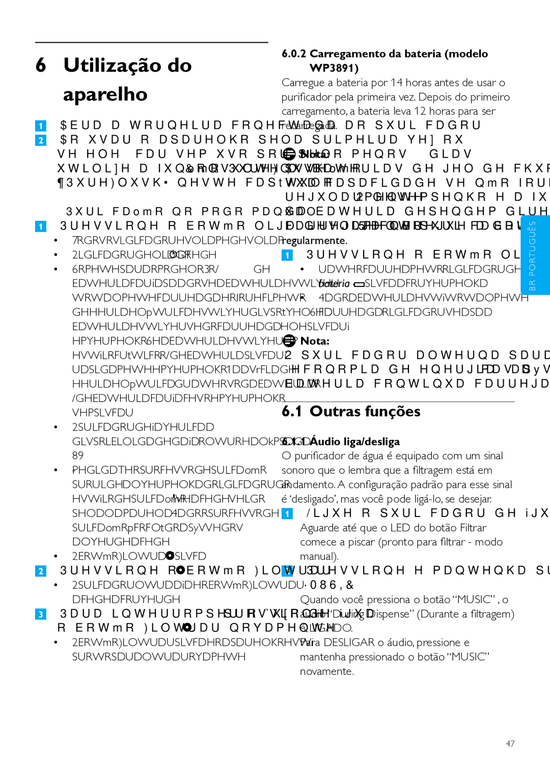 Philips WP3890, WP3891 user manual Utilização do aparelho, Outras funções, Abra a torneira conectada ao purificador 