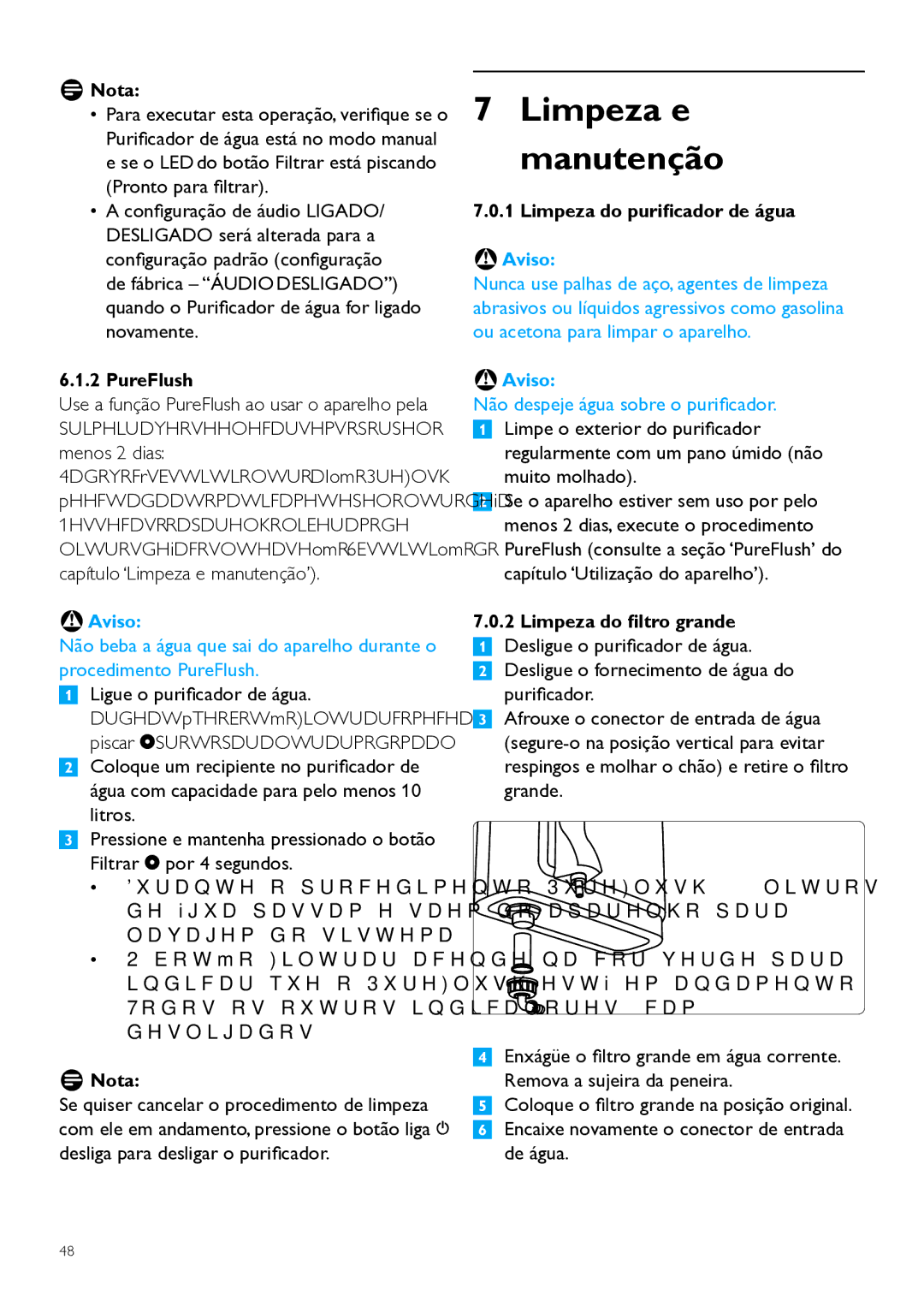 Philips WP3891 Limpeza e manutenção, Ligue o purificador de água, Filtrar d por 4 segundos, Limpeza do purificador de água 