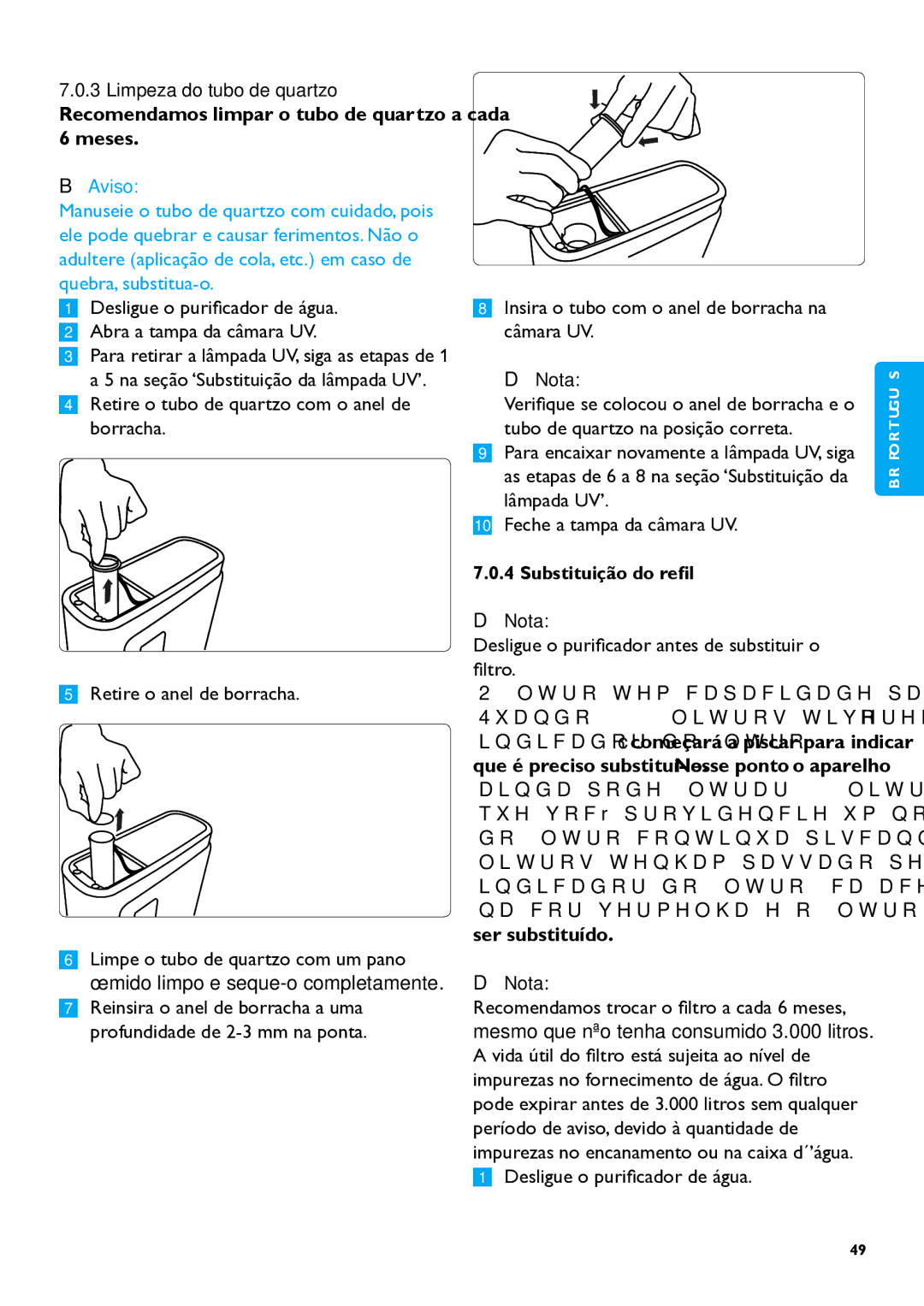 Philips WP3890 Desligue o purificador de água Abra a tampa da câmara UV, Insira o tubo com o anel de borracha na câmara UV 