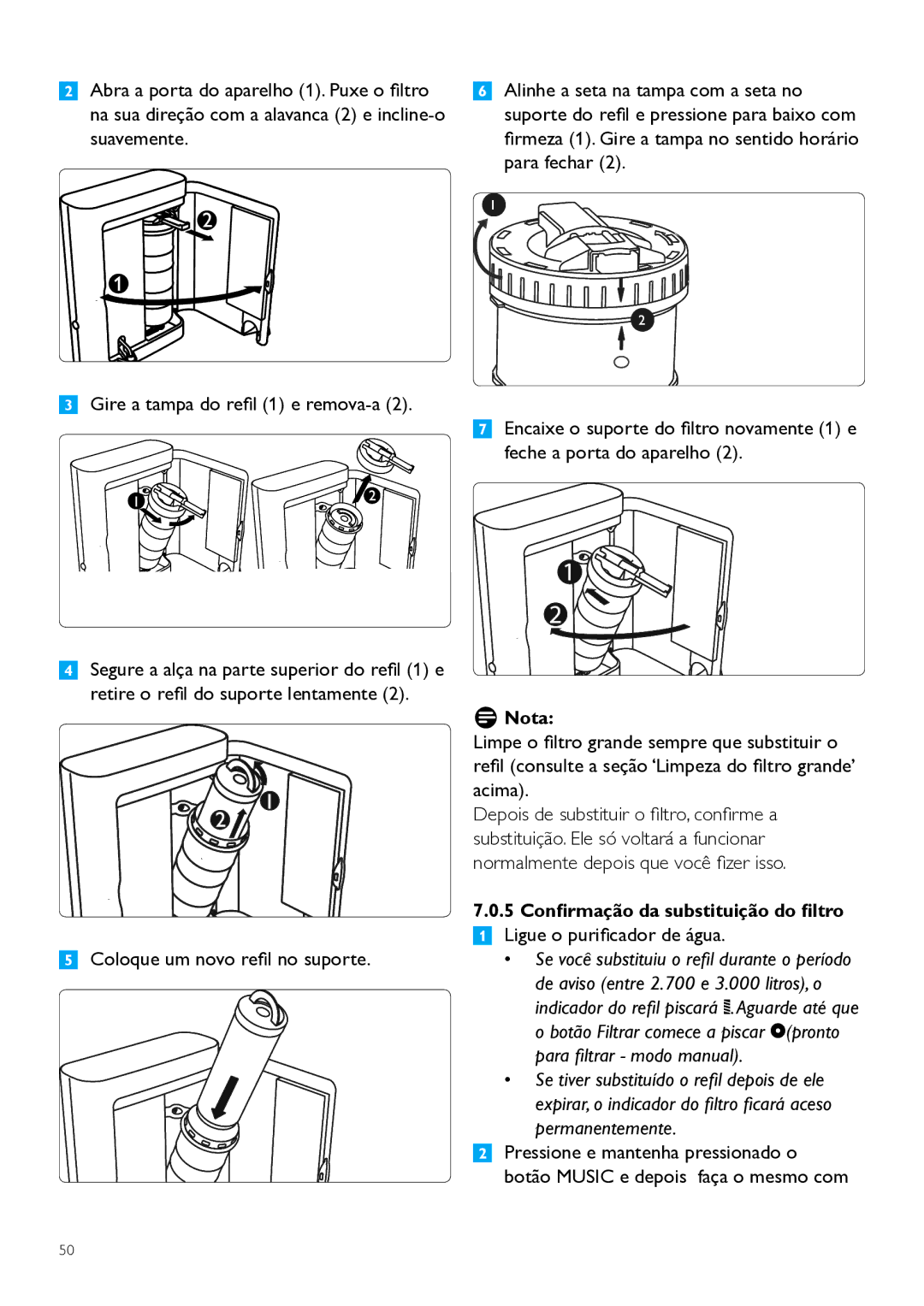 Philips WP3891, WP3890 user manual Coloque um novo refil no suporte, Confirmação da substituição do filtro 