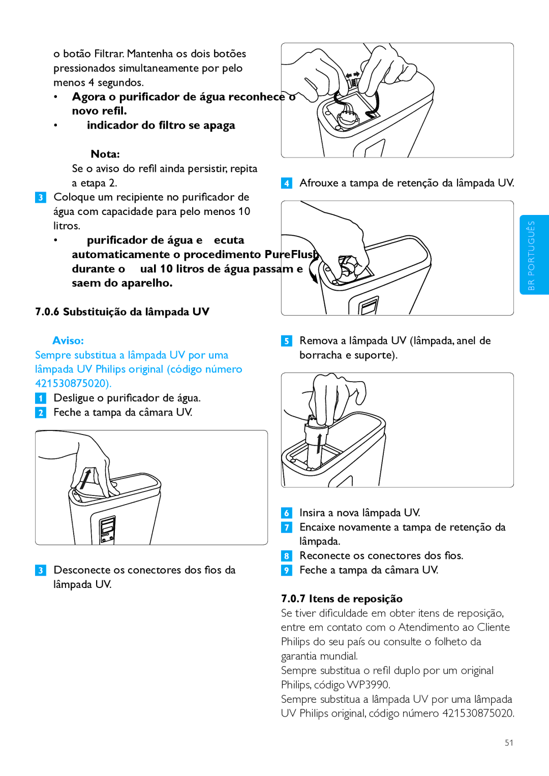 Philips WP3890, WP3891 user manual Afrouxe a tampa de retenção da lâmpada UV, Substituição da lâmpada UV, Itens de reposição 