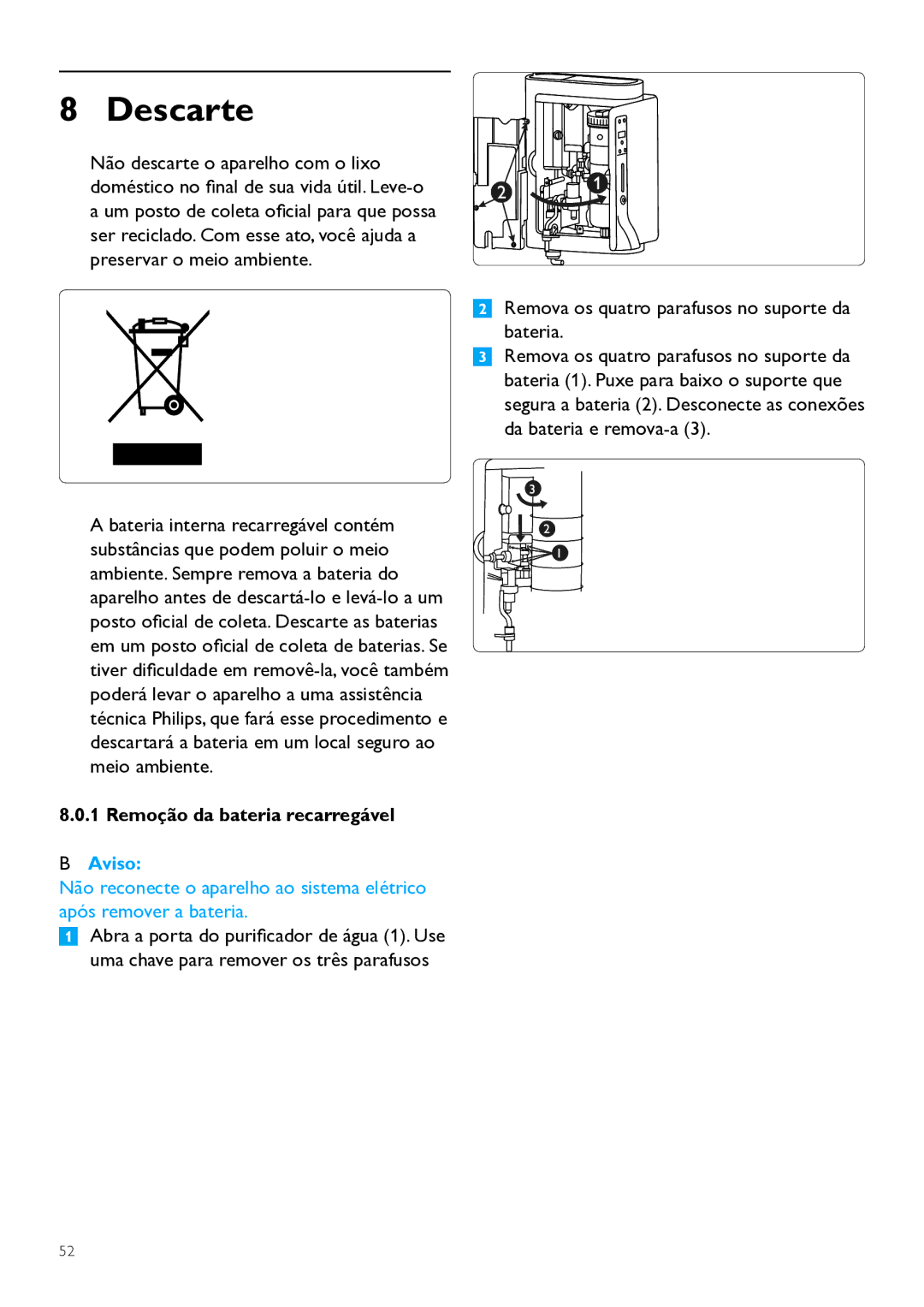 Philips WP3891, WP3890 user manual Descarte, Remoção da bateria recarregável 