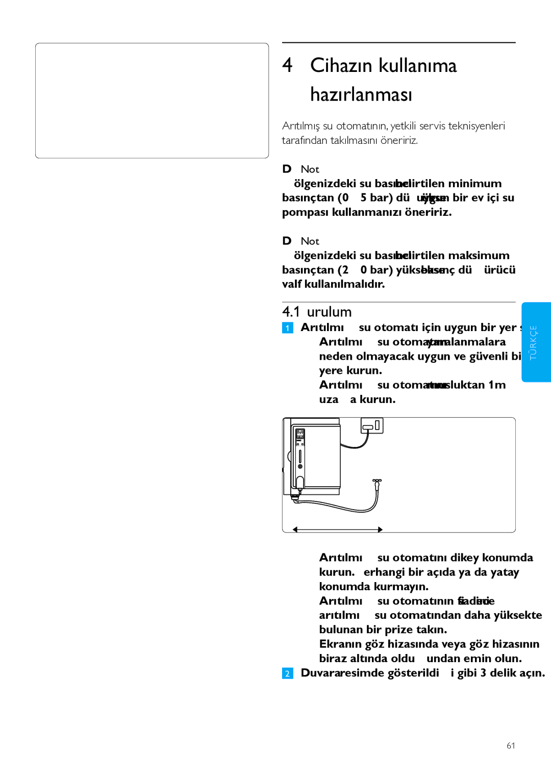 Philips WP3890, WP3891 user manual Cihazın kullanıma hazırlanması, Kurulum, Not 