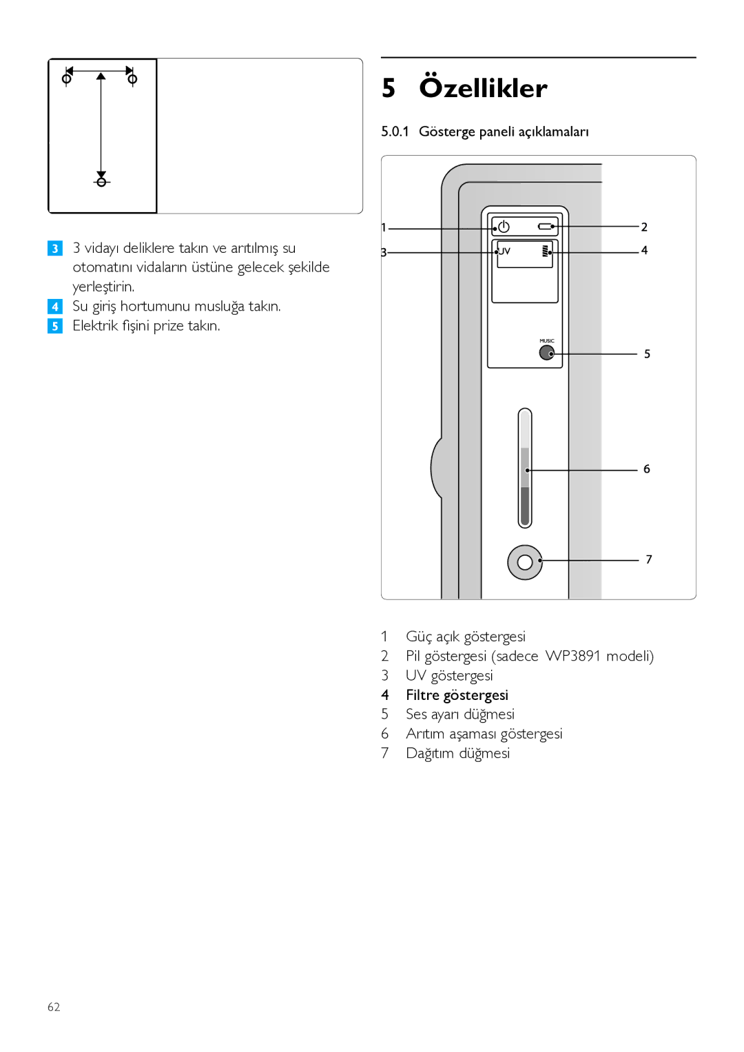 Philips WP3891, WP3890 user manual Özellikler, 1 Gösterge paneli açıklamaları 