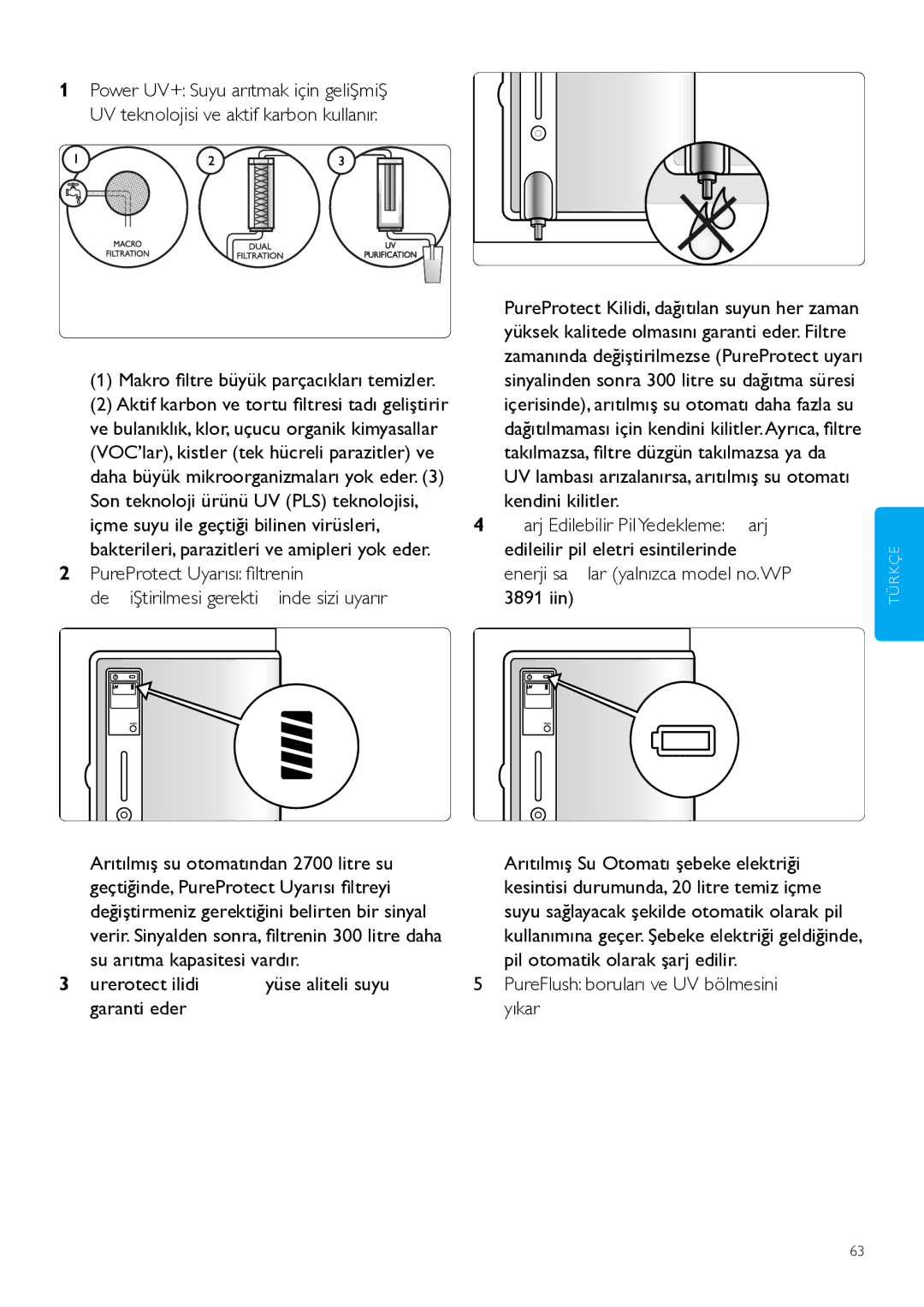 Philips WP3890, WP3891 Makro filtre büyük parçacıkları temizler, PureProtect Kilidi yüksek kaliteli suyu garanti eder 