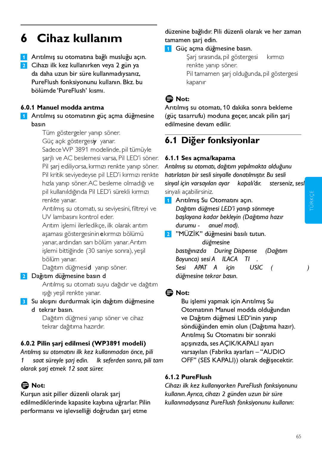 Philips WP3890, WP3891 user manual Cihaz kullanım, Diğer fonksiyonlar 