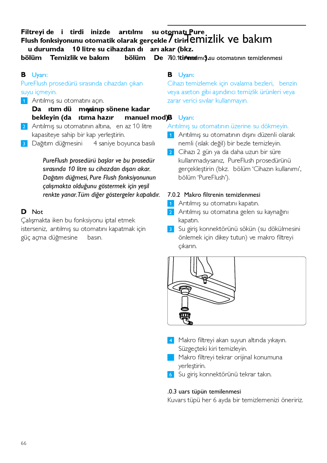 Philips WP3891, WP3890 user manual Temizlik ve bakım, Dağıtım düğmesini d 4 saniye boyunca basılı tutun 