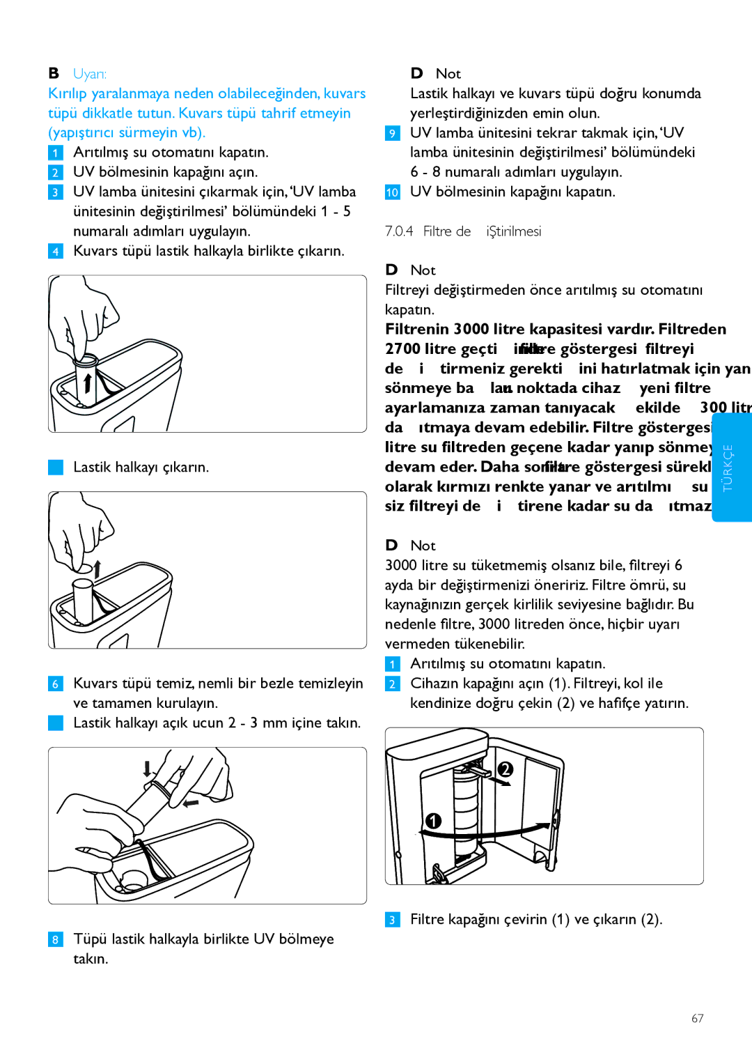 Philips WP3890, WP3891 Arıtılmış su otomatını kapatın UV bölmesinin kapağını açın, UV bölmesinin kapağını kapatın 