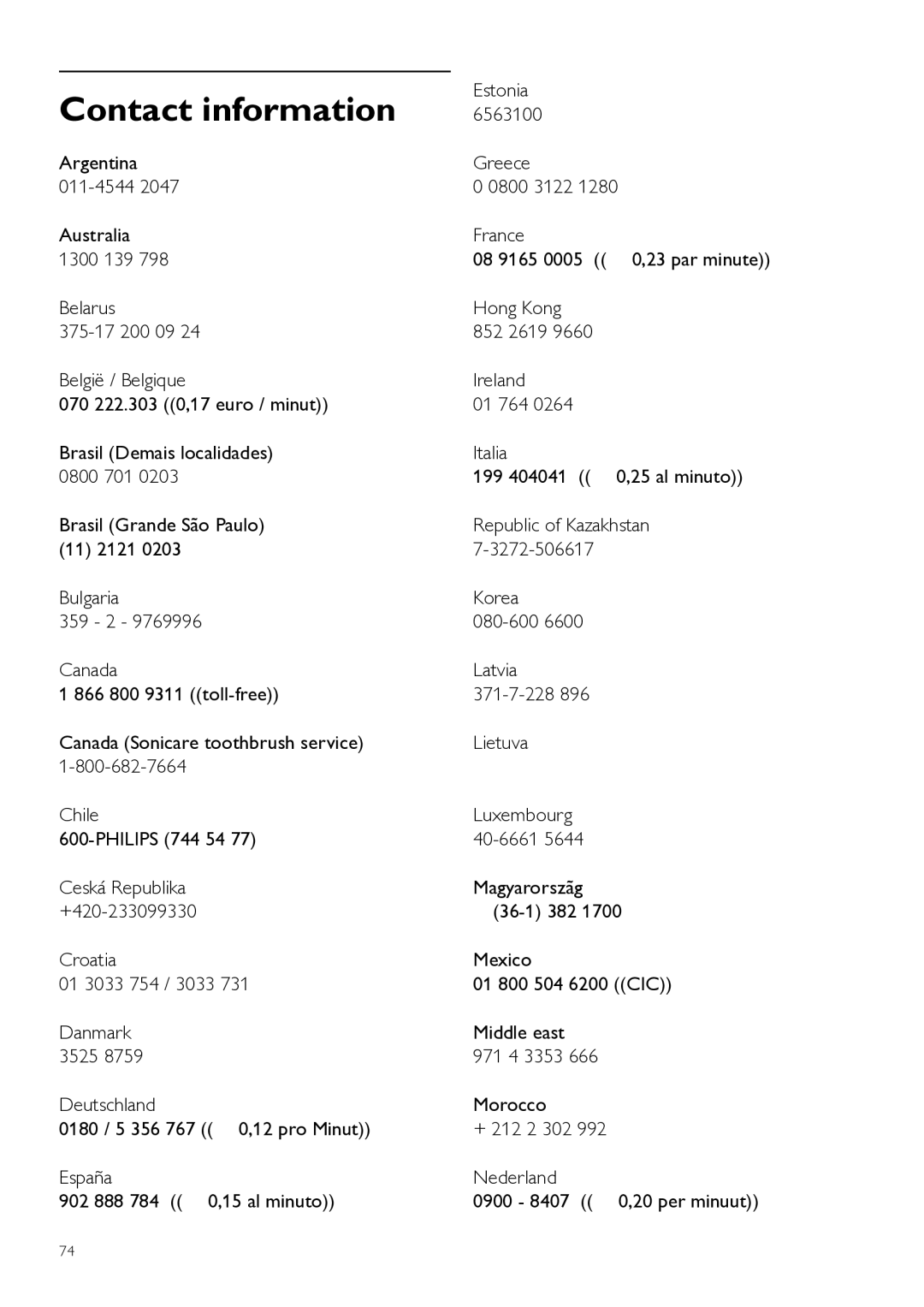 Philips WP3891, WP3890 user manual Contact information, Estonia, 6563100 