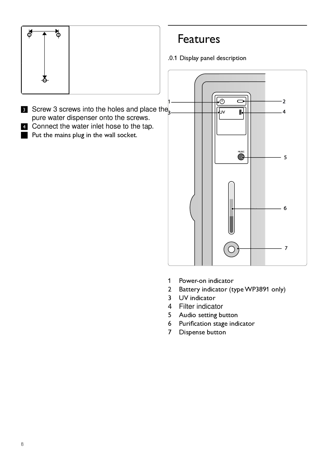 Philips WP3891, WP3890 user manual Features, Display panel description 