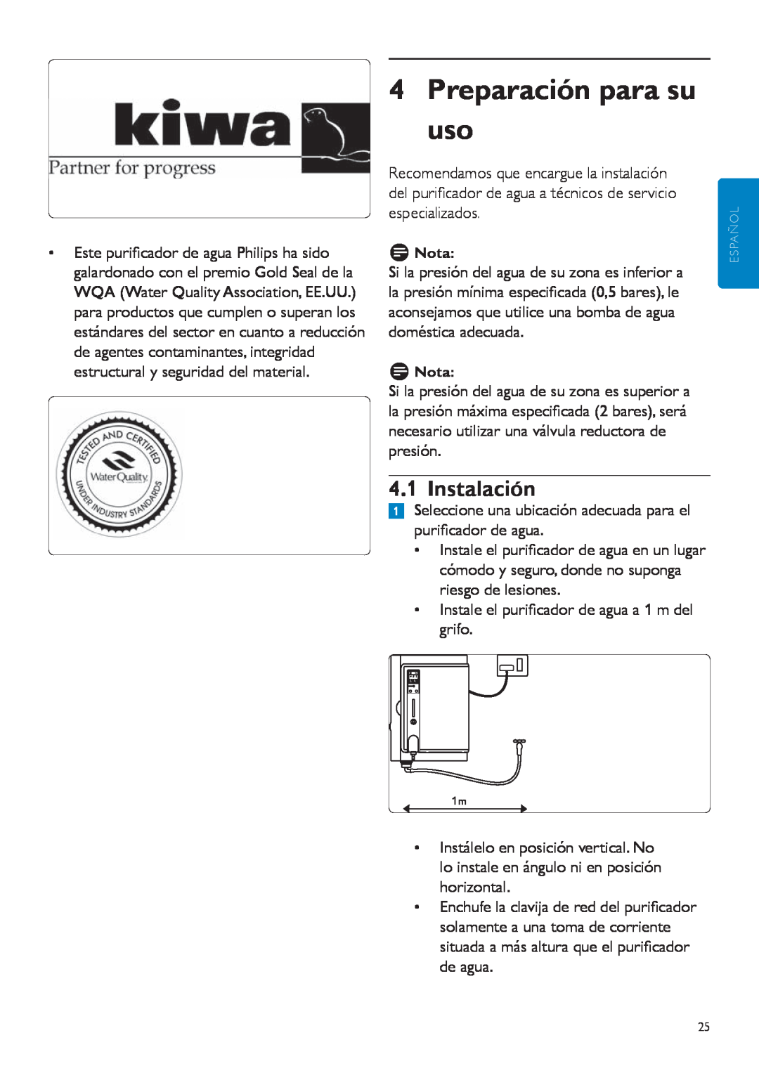 Philips WP3890, WP3891 user manual 4Preparación para su uso, Instalación 