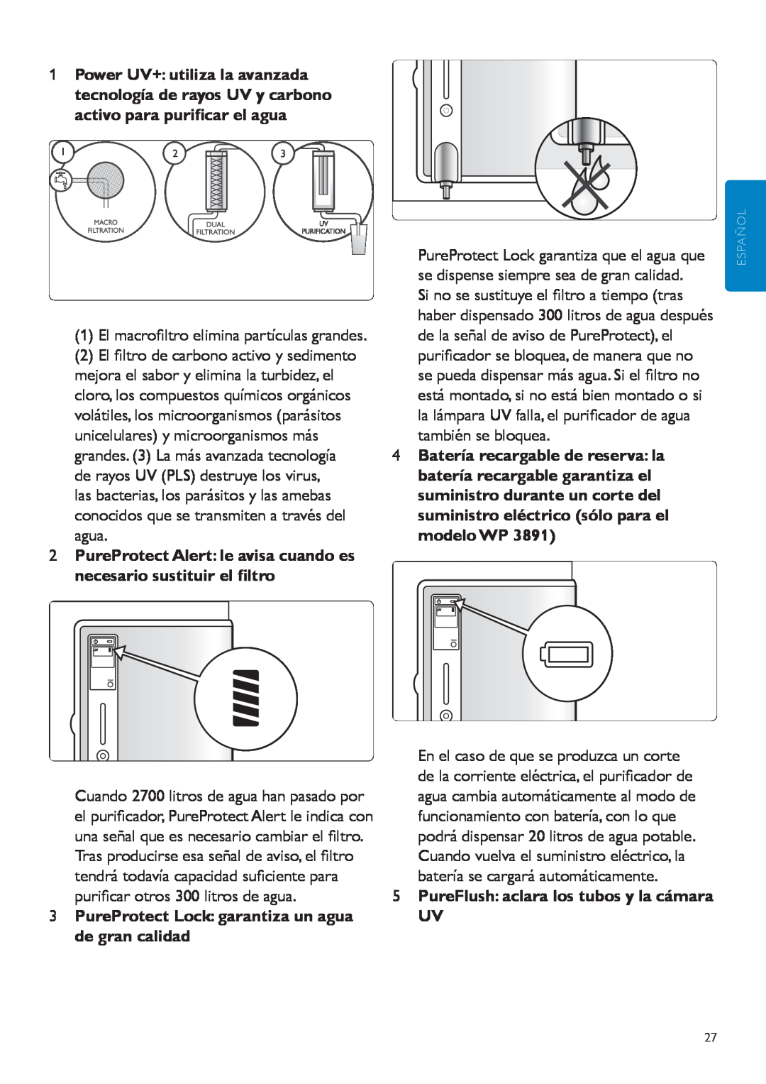 Philips WP3890, WP3891 user manual 5PureFlush: aclara los tubos y la cámara UV 