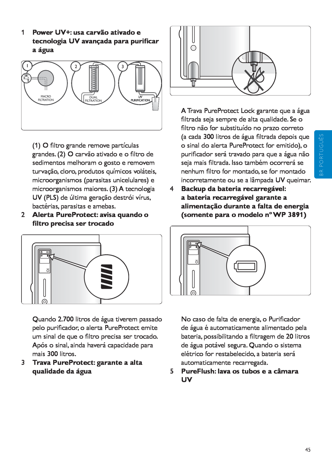 Philips WP3890, WP3891 user manual 5PureFlush: lava os tubos e a câmara UV 