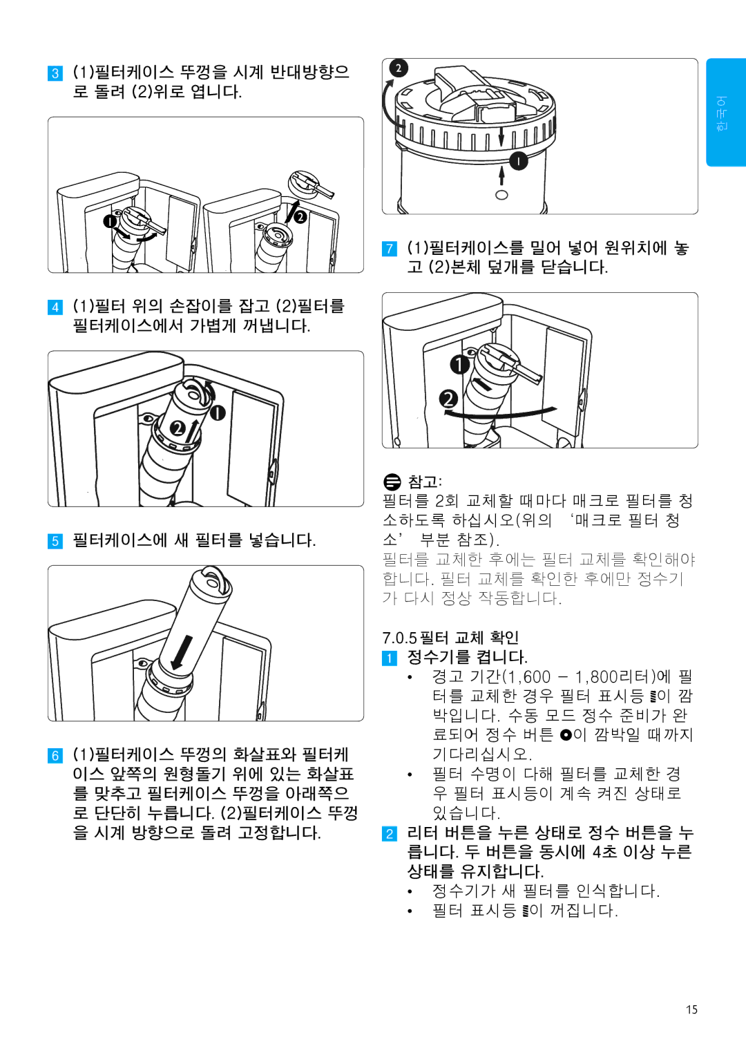 Philips WP3893, WP3892 manual 1필터케이스 뚜껑을 시계 반대방향으 로 돌려 2위로 엽니다, 필터케이스에 새 필터를 넣습니다 